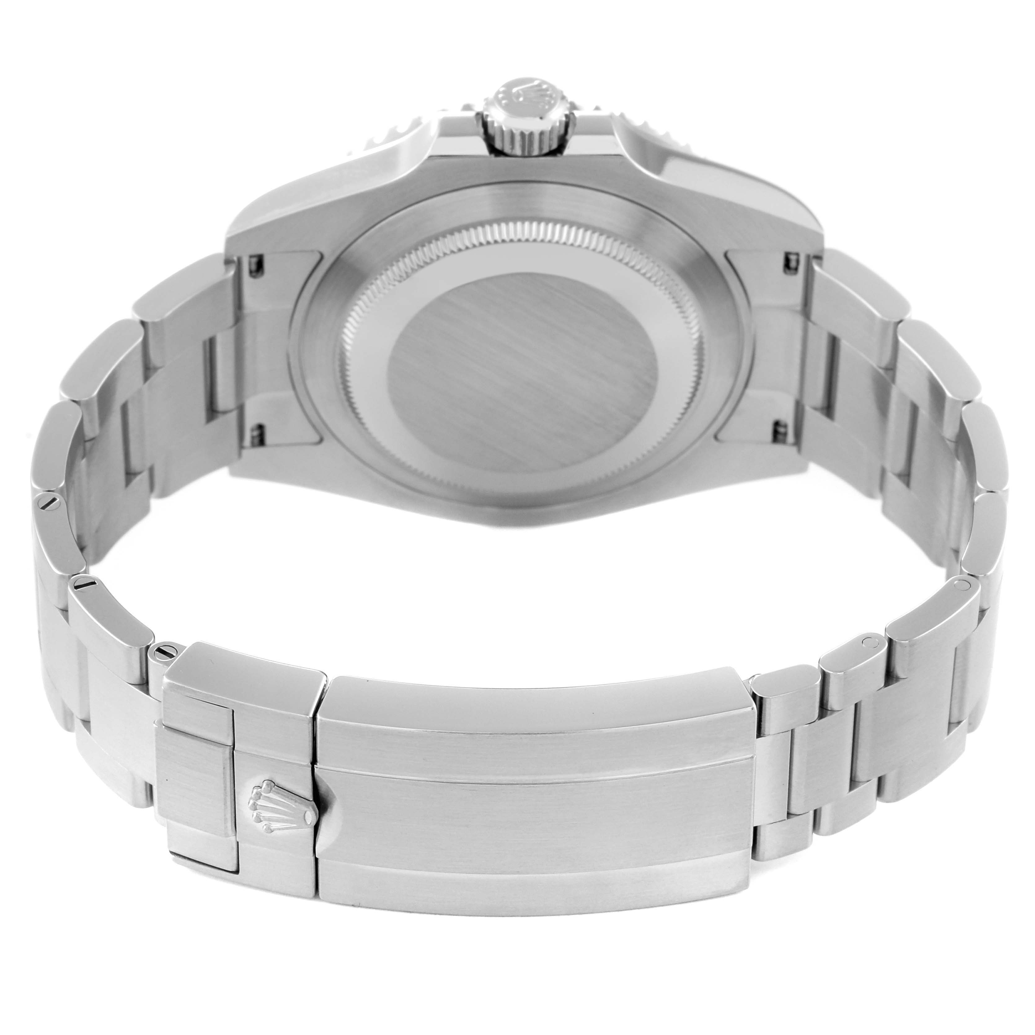 This image shows the back view of a Rolex Submariner 124060 Men
s Stainless Steel Black Dial 124060 Men
s Stainless Steel Black Dial
s case and bracelet, emphasizing the clasp and case back.