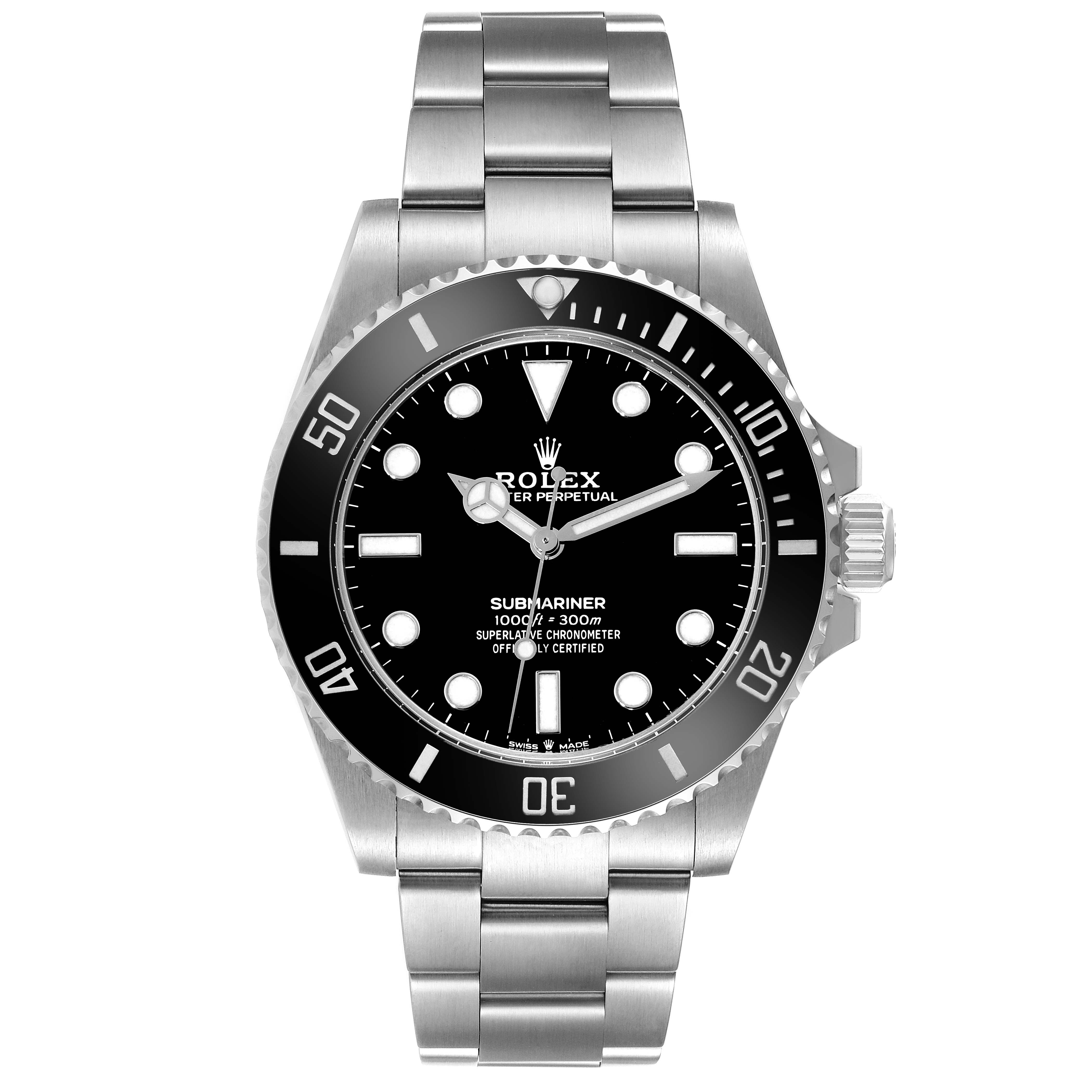 The Rolex Submariner 124060 Men
s Stainless Steel Black Dial 124060 Men
s Stainless Steel Black Dial watch is shown from a front angle, displaying its black dial, bezel, and stainless steel bracelet.