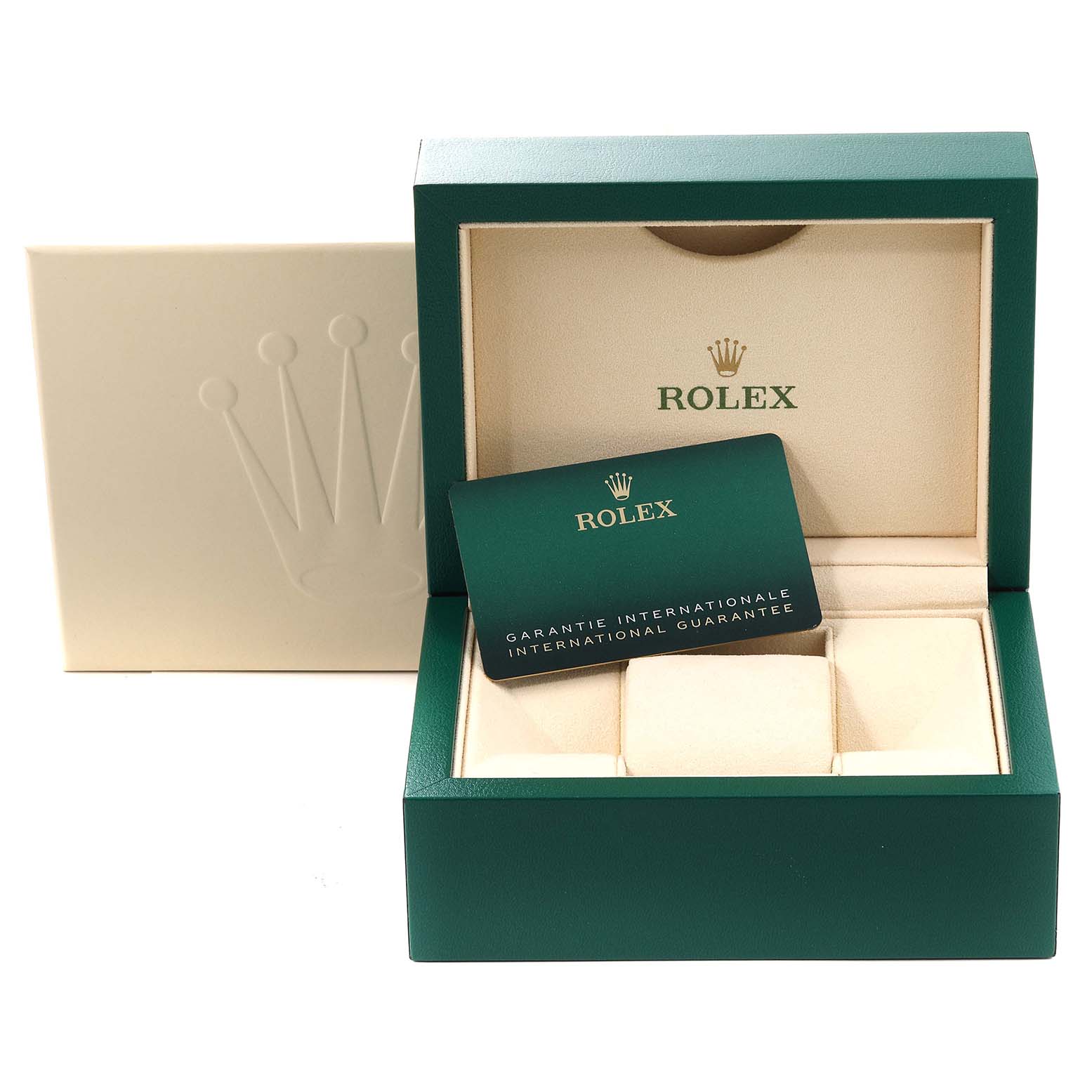 The image shows the open box and warranty card for a Rolex Submariner 124060 Men
s Stainless Steel Black Dial 124060 Men
s Stainless Steel Black Dial watch, viewed from the front.