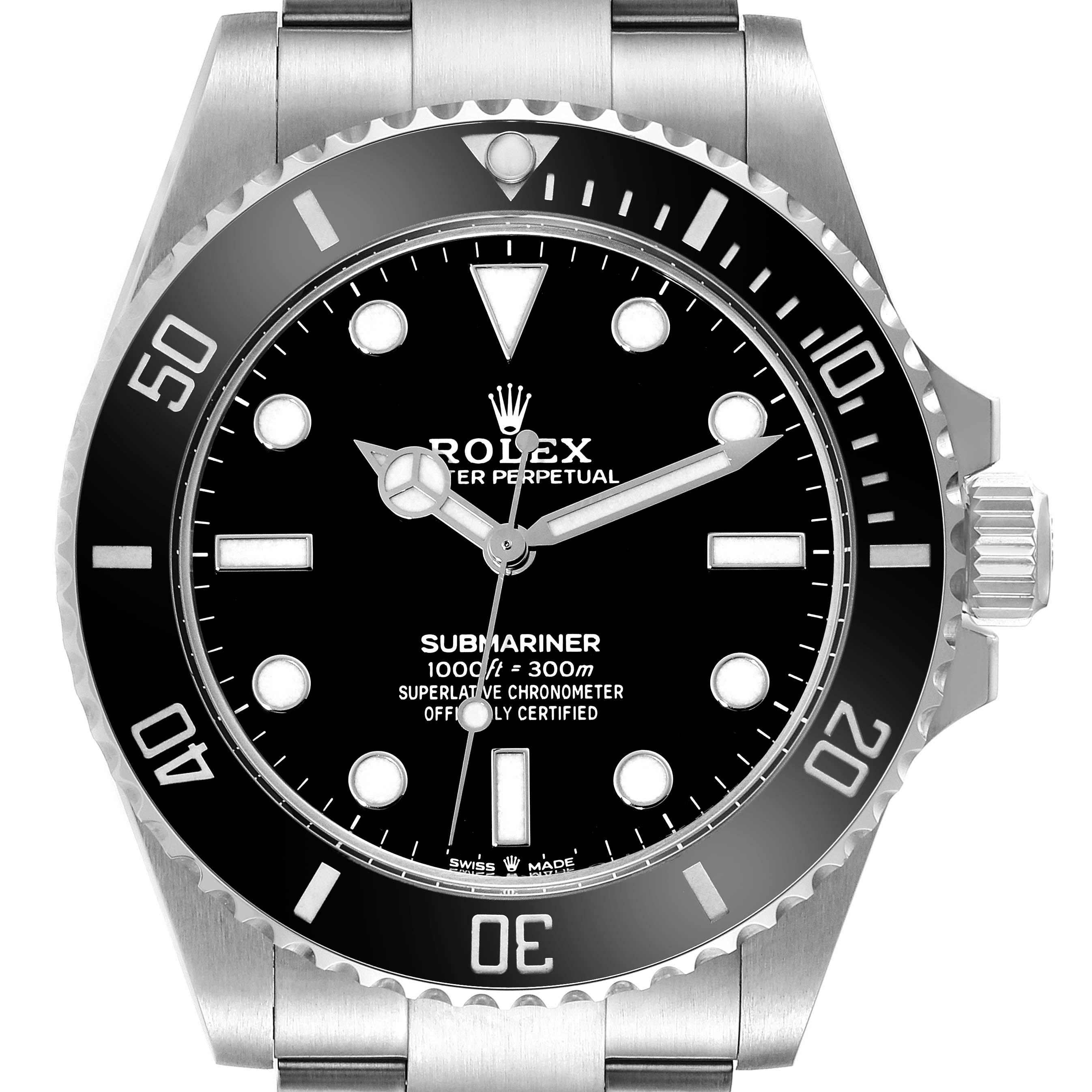 The image shows a frontal view of a Rolex Submariner 124060 Men
s Stainless Steel Black Dial 124060 Men
s Stainless Steel Black Dial watch, displaying its face, bezel, crown, and part of the bracelet.