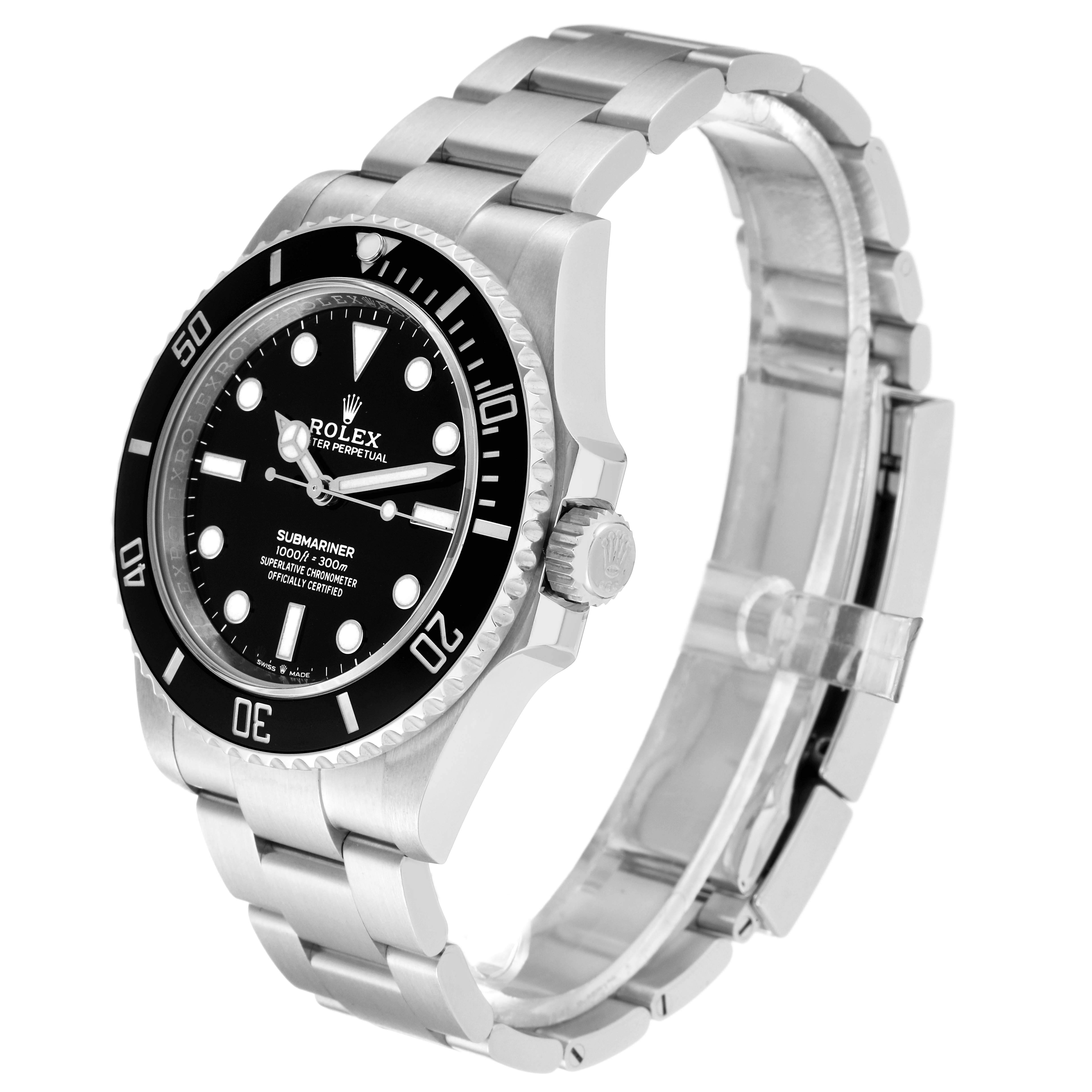This image shows a side angle view of a Rolex Submariner 124060 Men
s Stainless Steel Black Dial 124060 Men
s Stainless Steel Black Dial watch, highlighting the dial, bezel, and bracelet.