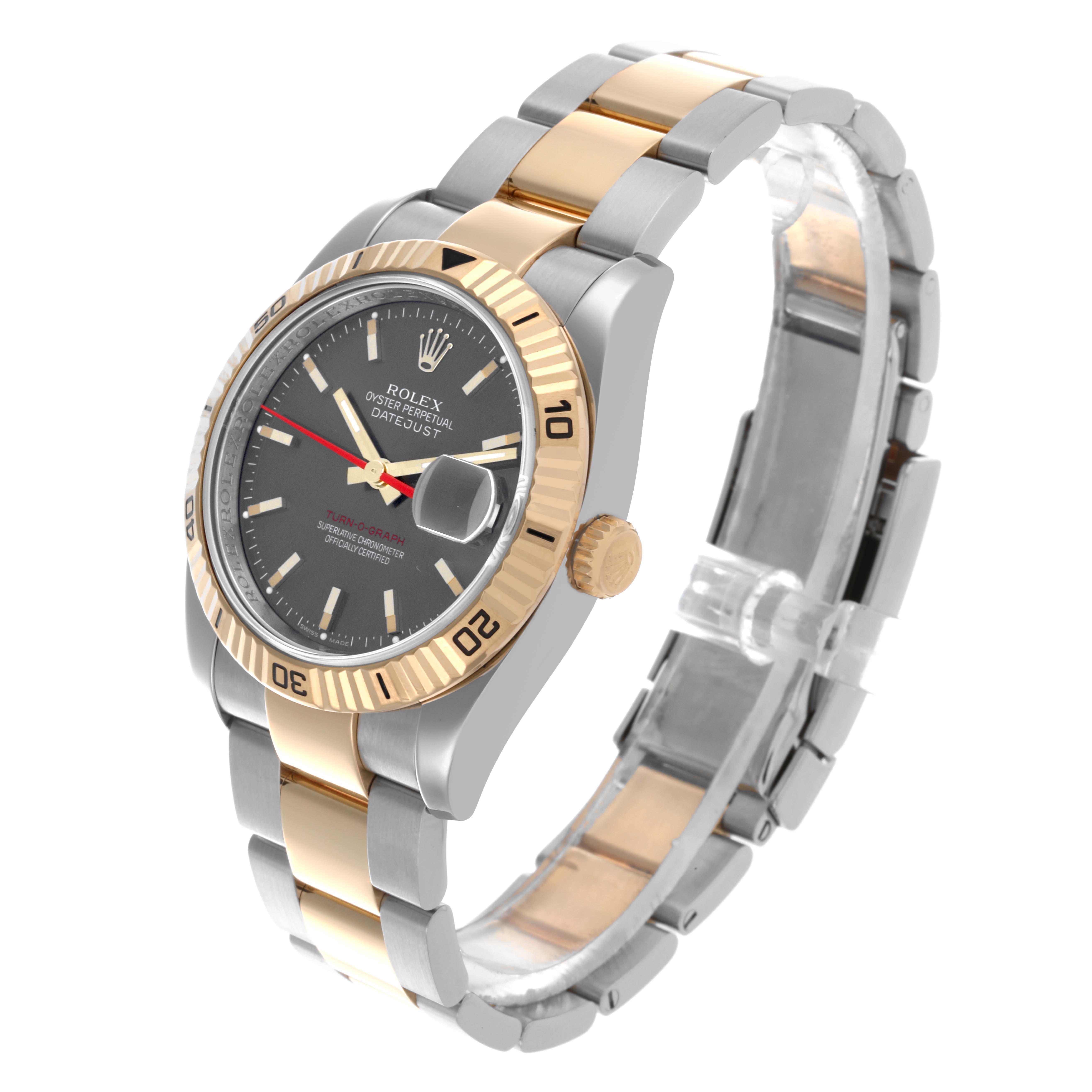 The Rolex Turn-o-Graph 116263 Men's Steel and Gold (two tone) Grey Dial 116263 Men's Steel and Gold (two tone) Grey Dial watch is shown at a three-quarter angle, highlighting the bezel, crown, face, and bracelet.