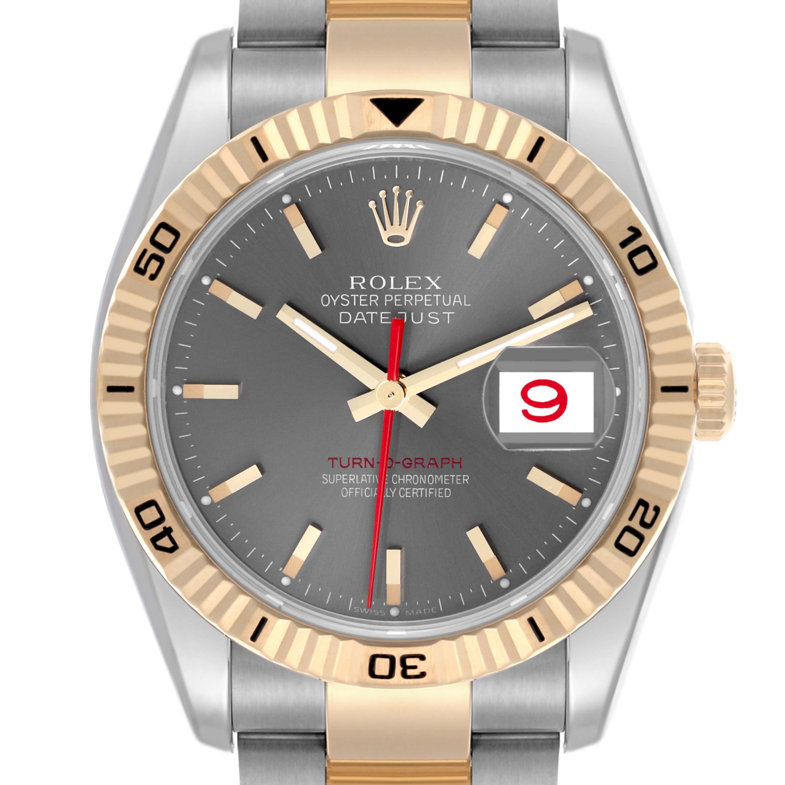 The image shows a front view of the Rolex Turn-o-Graph 116263 Men's Steel and Gold (two tone) Grey Dial 116263 Men's Steel and Gold (two tone) Grey Dial watch, highlighting the bezel, dial, and bracelet.