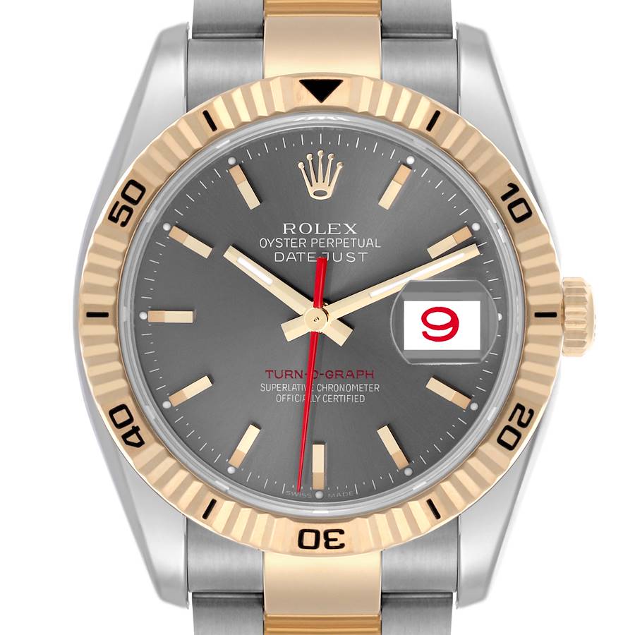 The image shows a front view of the Rolex Turn-o-Graph watch, highlighting the bezel, dial, and bracelet.