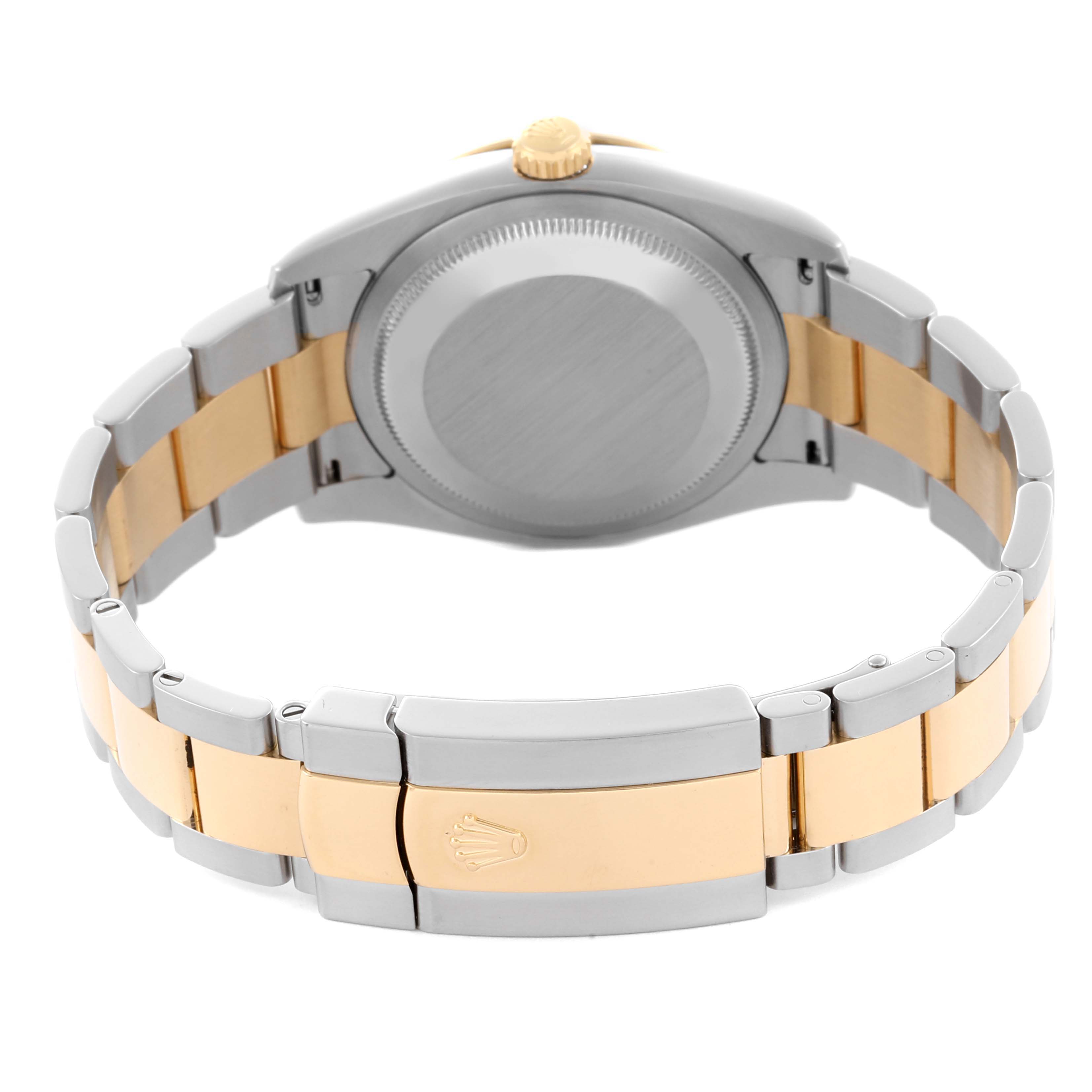 This image shows the back case, crown, and bracelet/clasp of the Rolex Turn-o-Graph 116263 Men's Steel and Gold (two tone) Grey Dial 116263 Men's Steel and Gold (two tone) Grey Dial watch, at a rear angle.