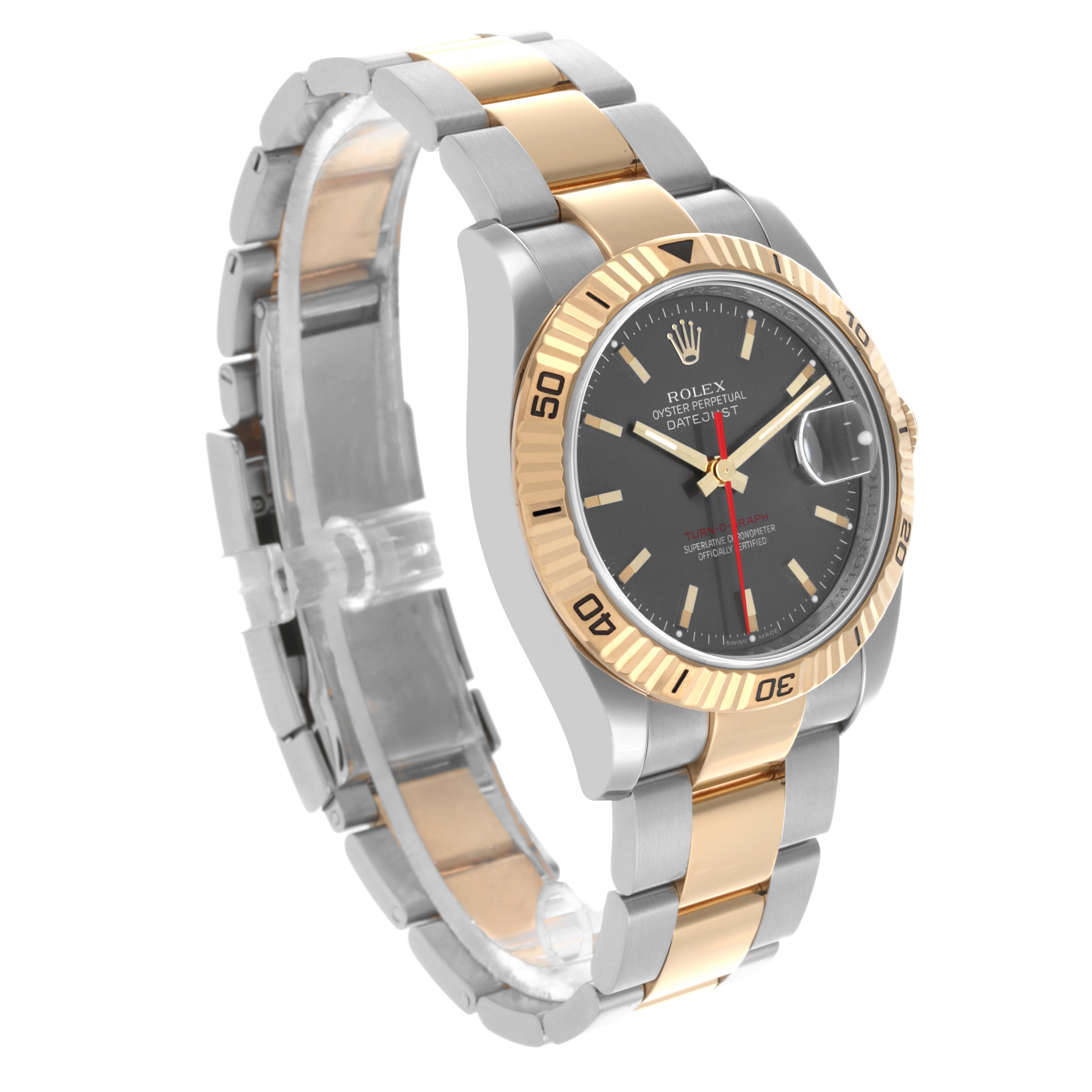 The Rolex Turn-o-Graph 116263 Men's Steel and Gold (two tone) Grey Dial 116263 Men's Steel and Gold (two tone) Grey Dial watch is shown at a slight angle, highlighting the face, bezel, and two-tone bracelet.