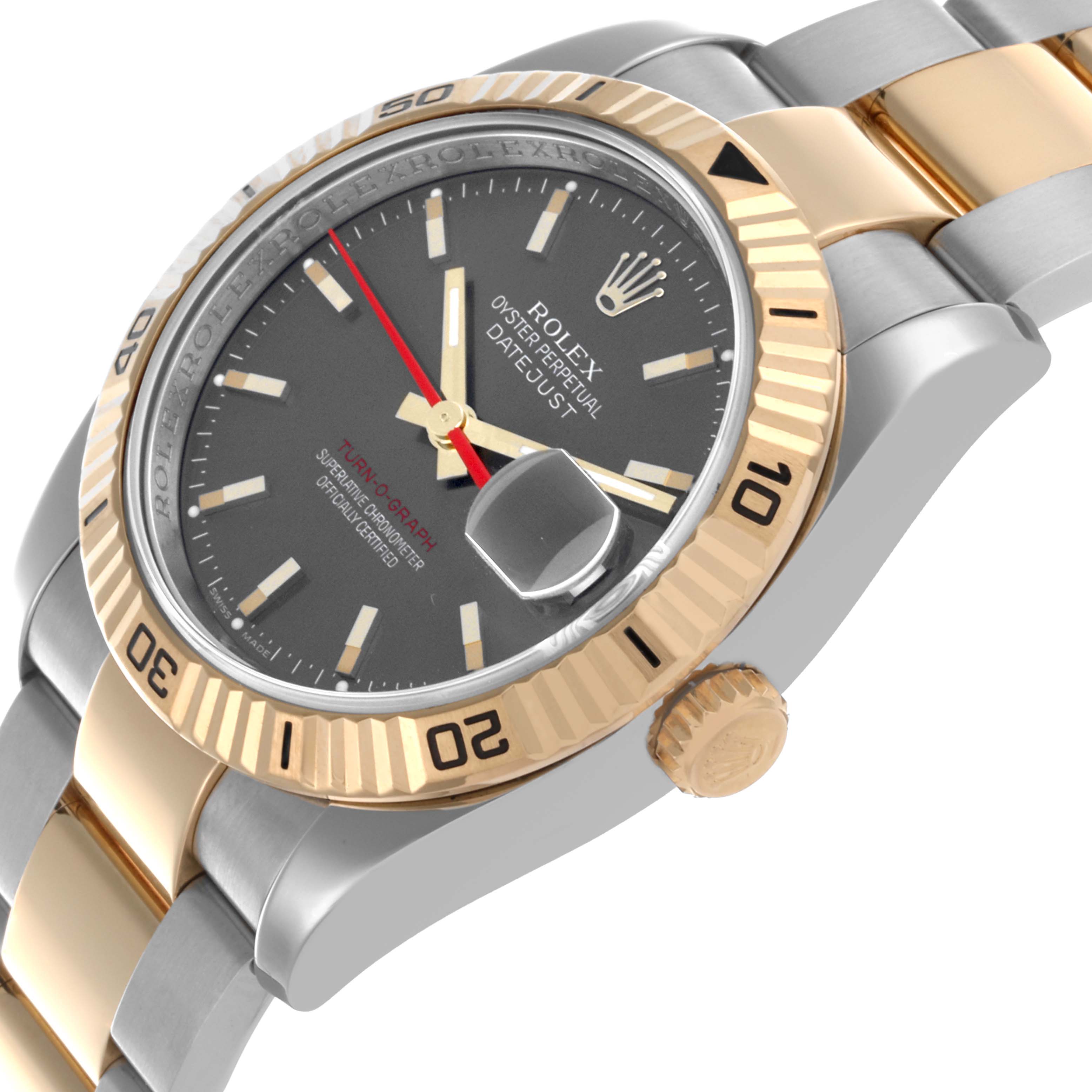 The Rolex Turn-o-Graph 116263 Men's Steel and Gold (two tone) Grey Dial 116263 Men's Steel and Gold (two tone) Grey Dial watch is shown at an angle, highlighting the bezel, crown, and part of the bracelet.
