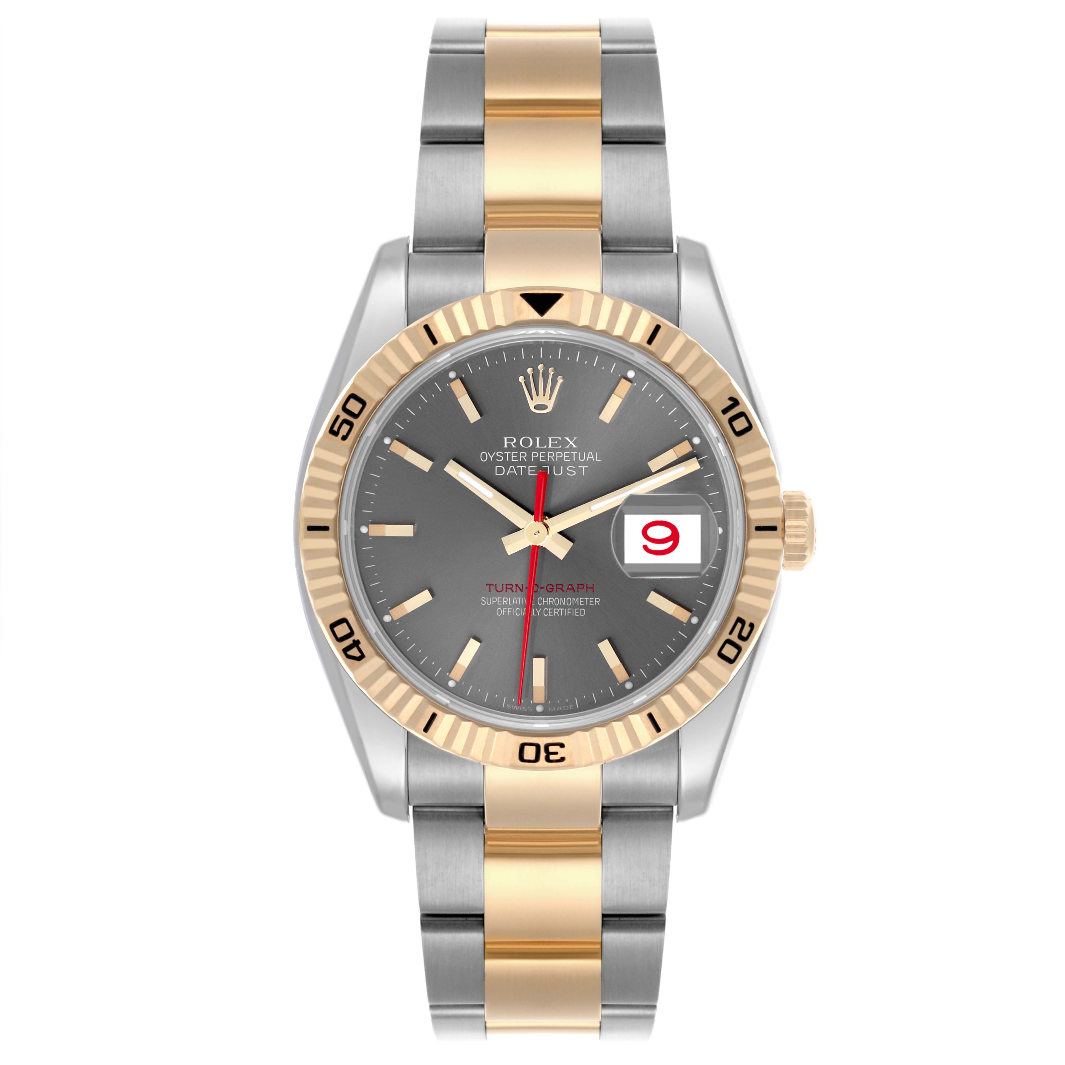 The Rolex Turn-o-Graph 116263 Men's Steel and Gold (two tone) Grey Dial 116263 Men's Steel and Gold (two tone) Grey Dial watch is shown from the front, displaying the dial, bezel, and two-tone bracelet.