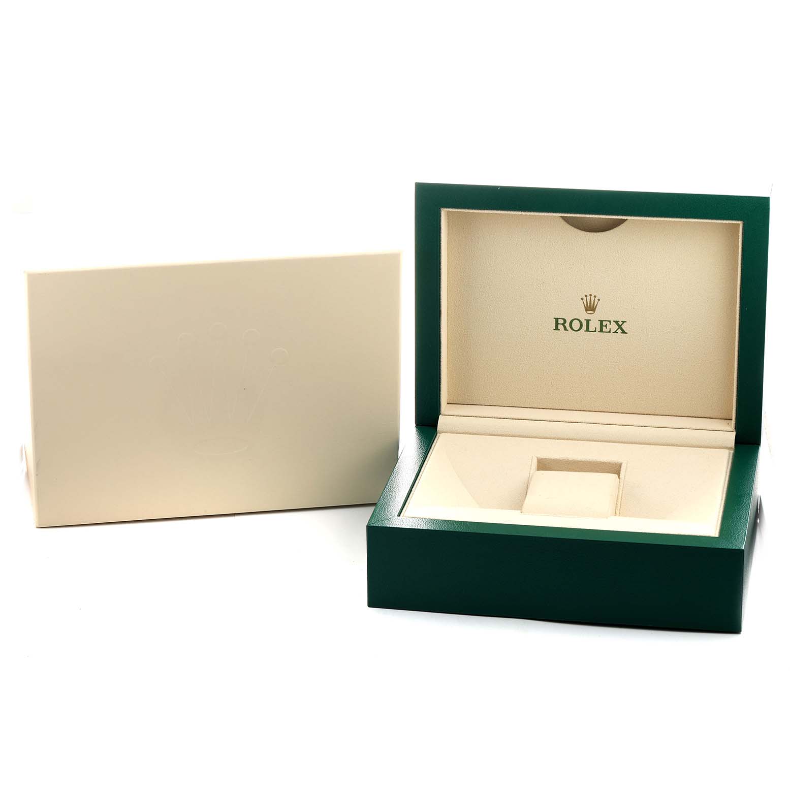 The image shows the open presentation box and outer packaging for a Rolex Yacht-Master 116621 Men's Steel and Gold (two tone) Brown Dial watch.