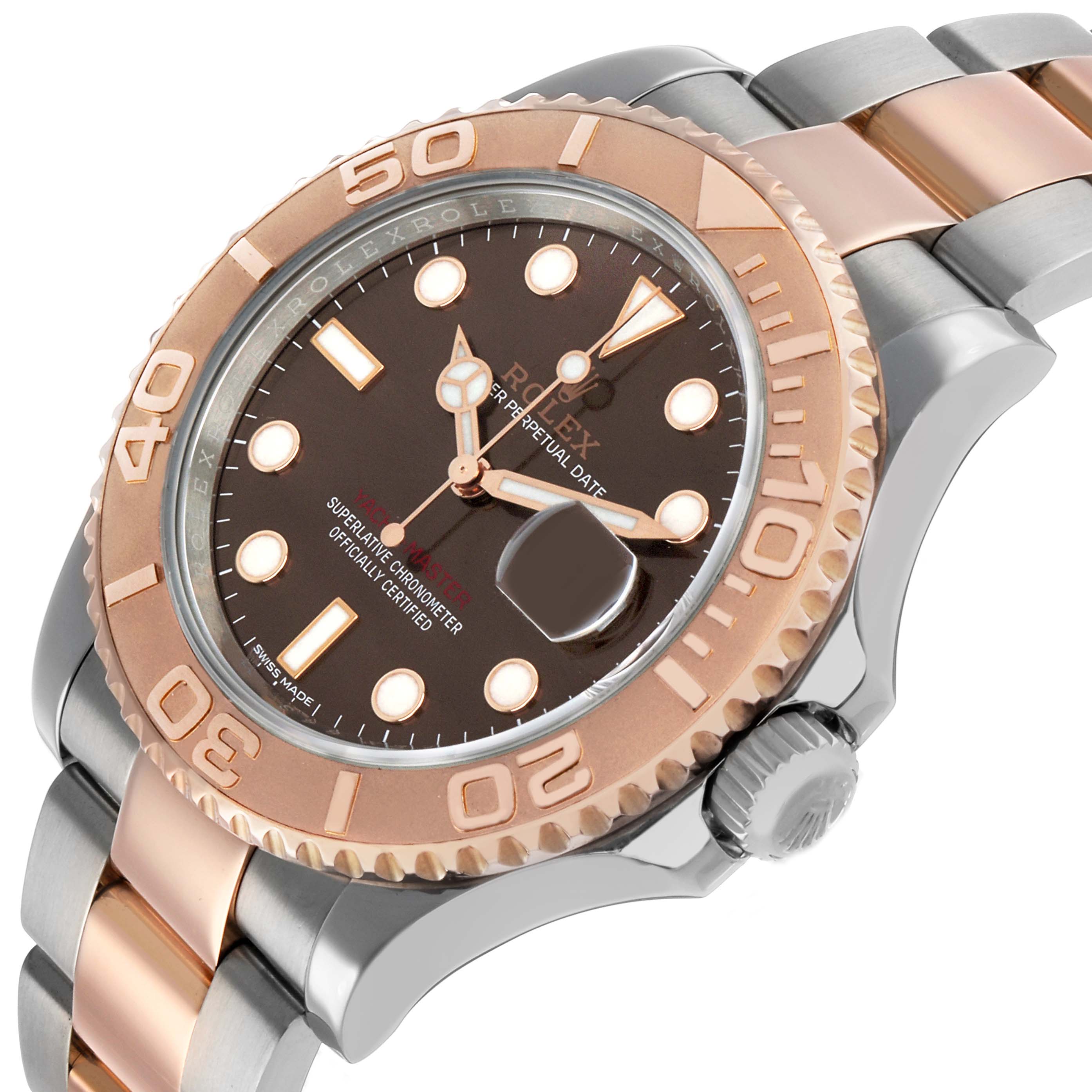 The Rolex Yacht-Master 116621 Men's Steel and Gold (two tone) Brown Dial watch is shown at an angle highlighting its brown dial, bezel, and part of the bracelet.