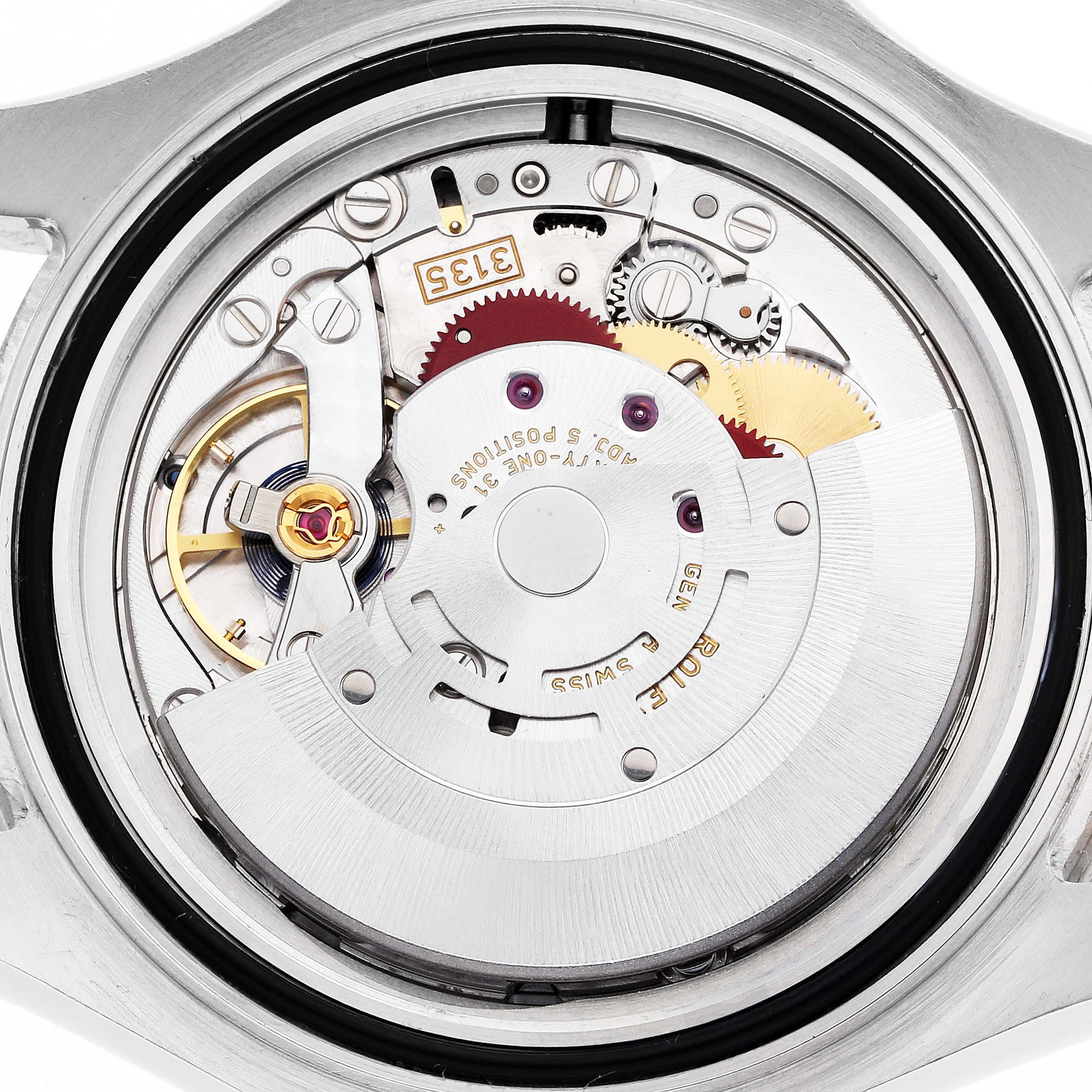 The image shows the movement mechanism of a Rolex Yacht-Master 116621 Men's Steel and Gold (two tone) Brown Dial watch from a top-down angle.