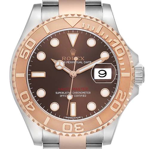 The Rolex Yacht-Master 116621 Men's Steel and Gold (two tone) Brown Dial watch is shown from the front, displaying the dial, bezel, hands, and date window.