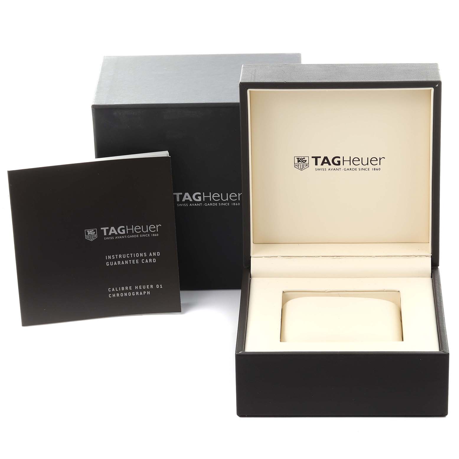 The image shows a Tag Heuer Carrera CAR2A5A Men's Titanium Transparent Dial CAR2A5A Men's Titanium Transparent Dial empty box and instruction manual from a top-front angle.