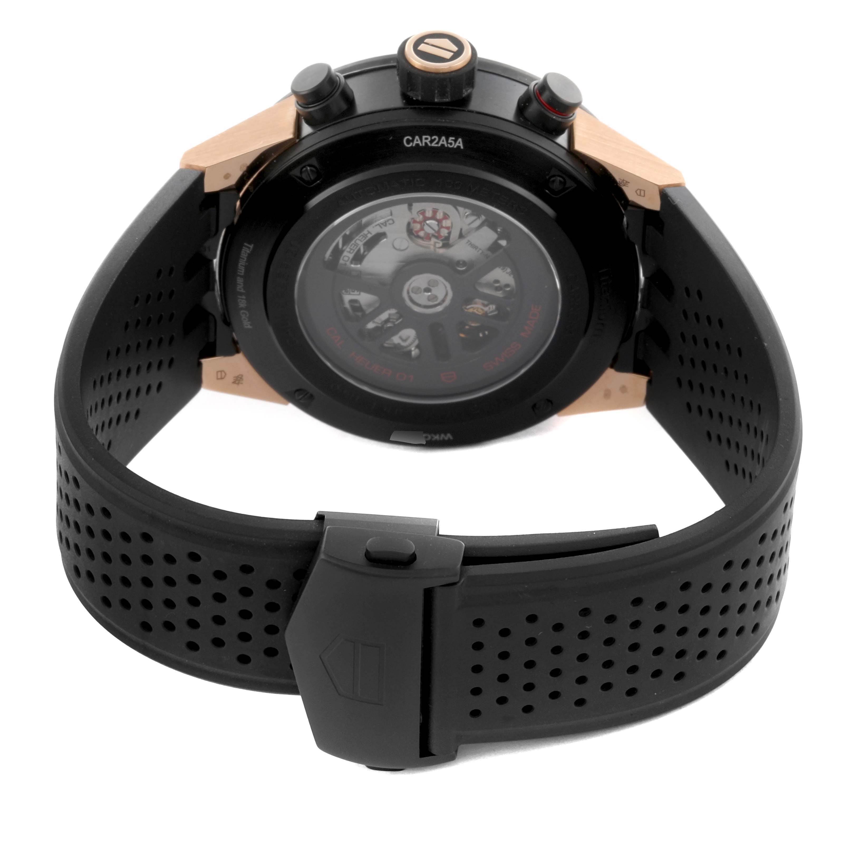 The image shows the back view of a Tag Heuer Carrera CAR2A5A Men's Titanium Transparent Dial CAR2A5A Men's Titanium Transparent Dial watch, highlighting the case back and strap.