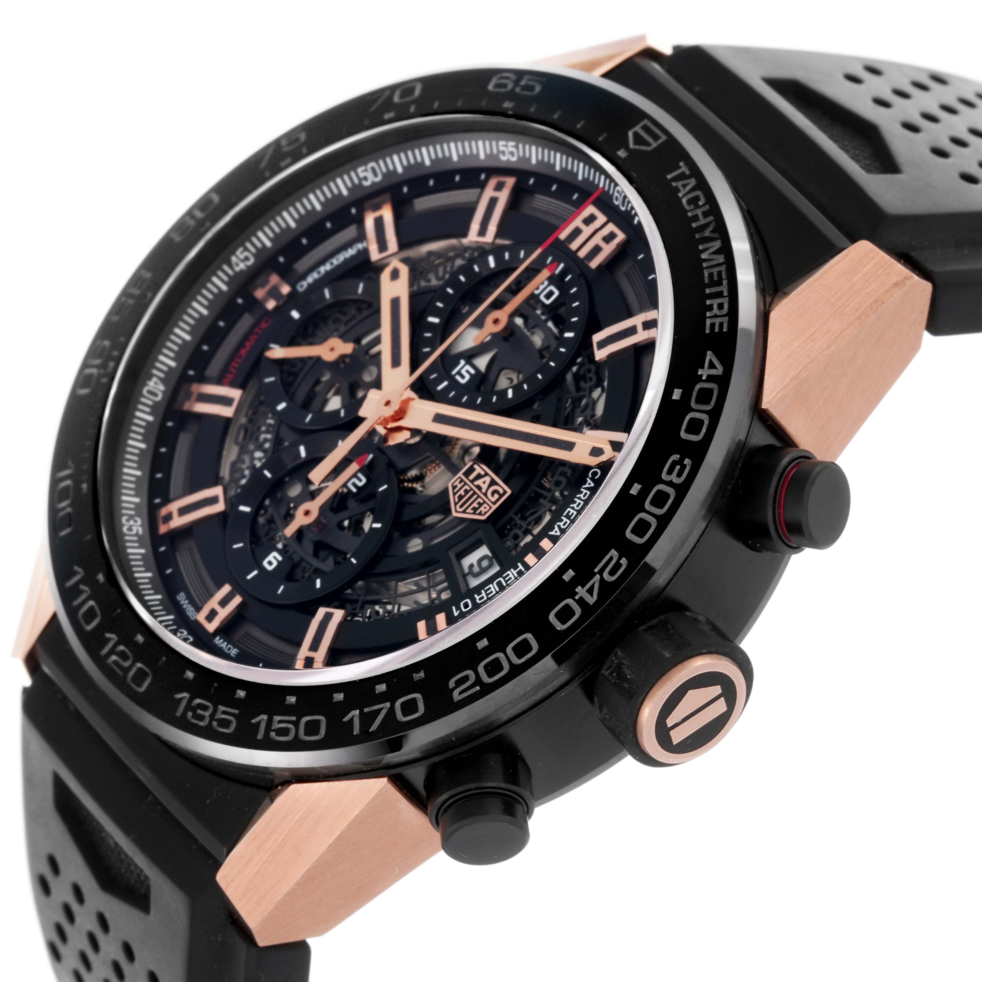 The Tag Heuer Carrera CAR2A5A Men's Titanium Transparent Dial CAR2A5A Men's Titanium Transparent Dial watch is shown from a side angle, highlighting its tachymeter bezel, crown, and pushers.