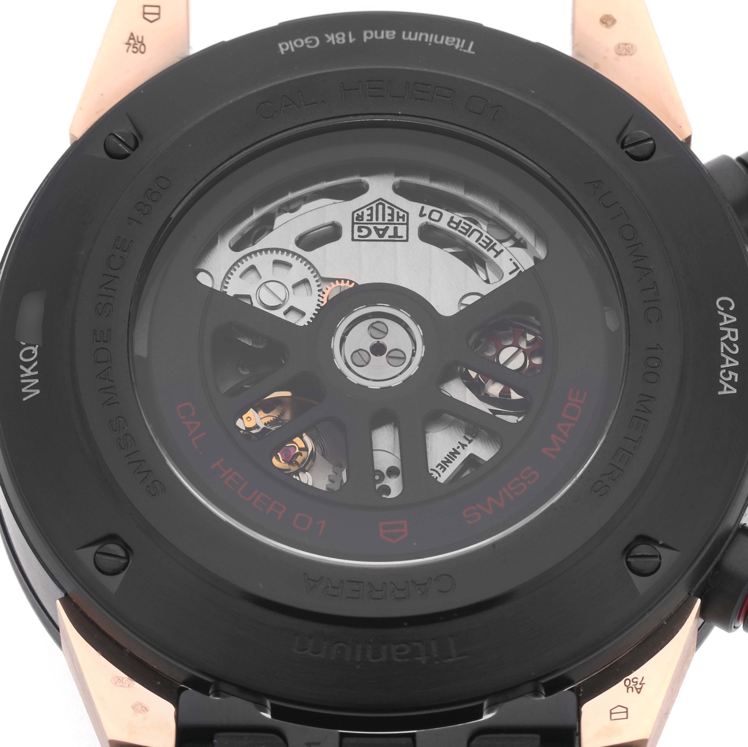 The image shows the back of a Tag Heuer Carrera CAR2A5A Men's Titanium Transparent Dial CAR2A5A Men's Titanium Transparent Dial watch, featuring its exposed movement and case details.