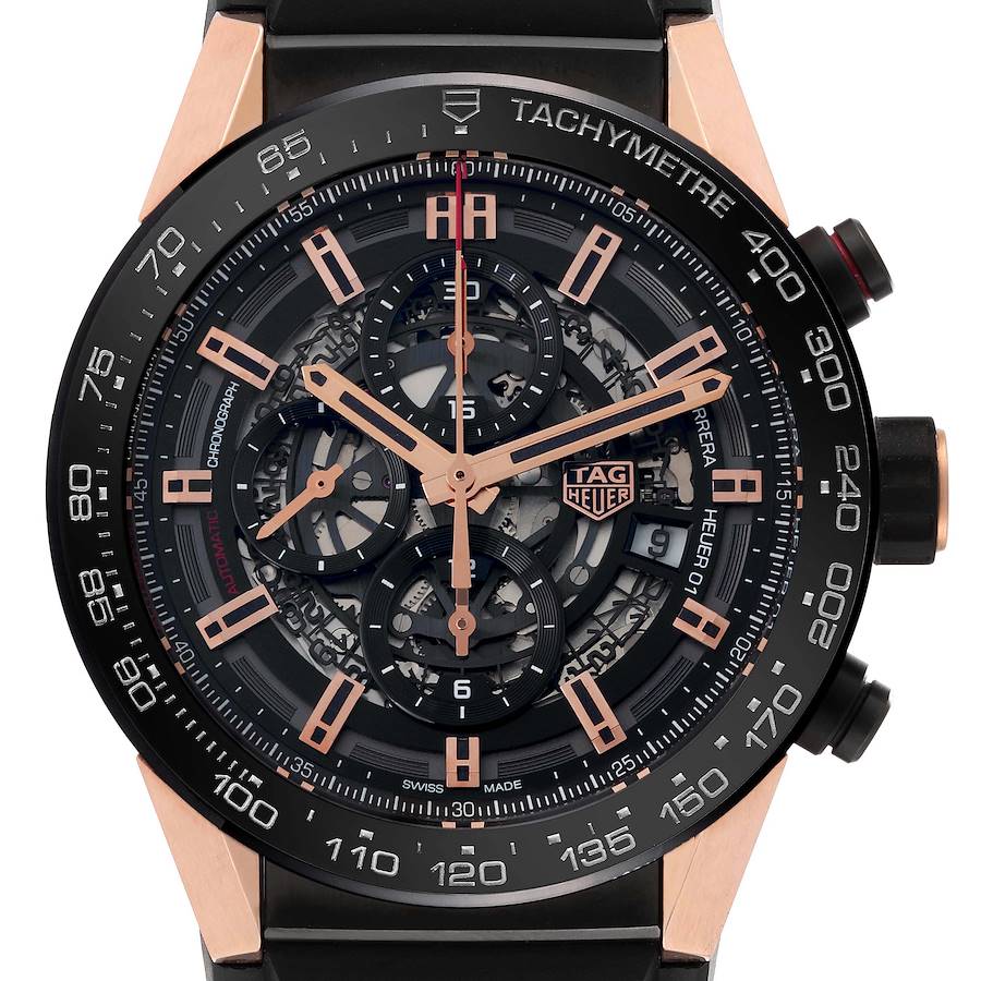 The image shows the Tag Heuer Carrera watch face head-on, highlighting the dial, tachymeter bezel, and chronograph subdials.