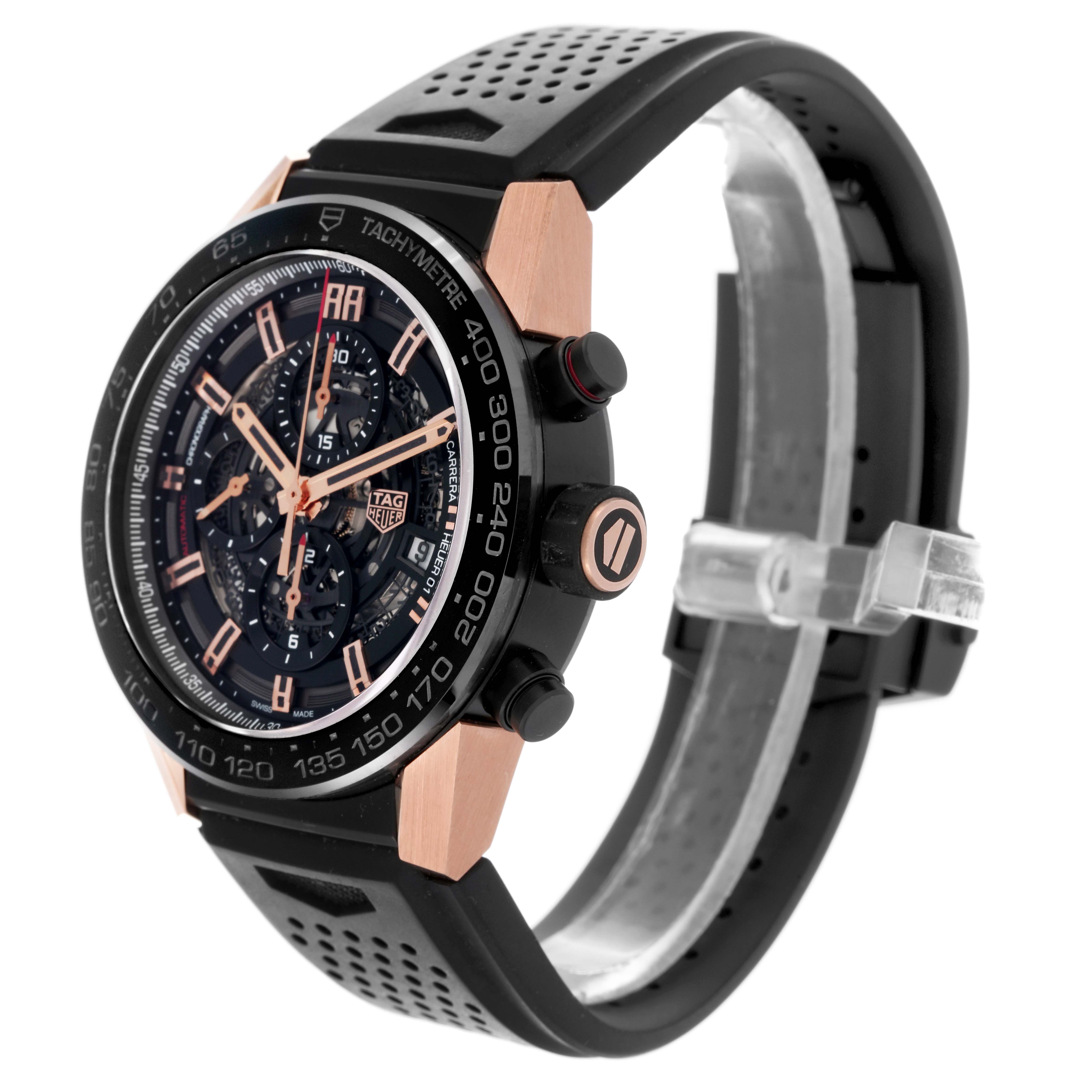 The Tag Heuer Carrera CAR2A5A Men's Titanium Transparent Dial CAR2A5A Men's Titanium Transparent Dial watch is shown at a three-quarter angle, highlighting the face and side buttons.