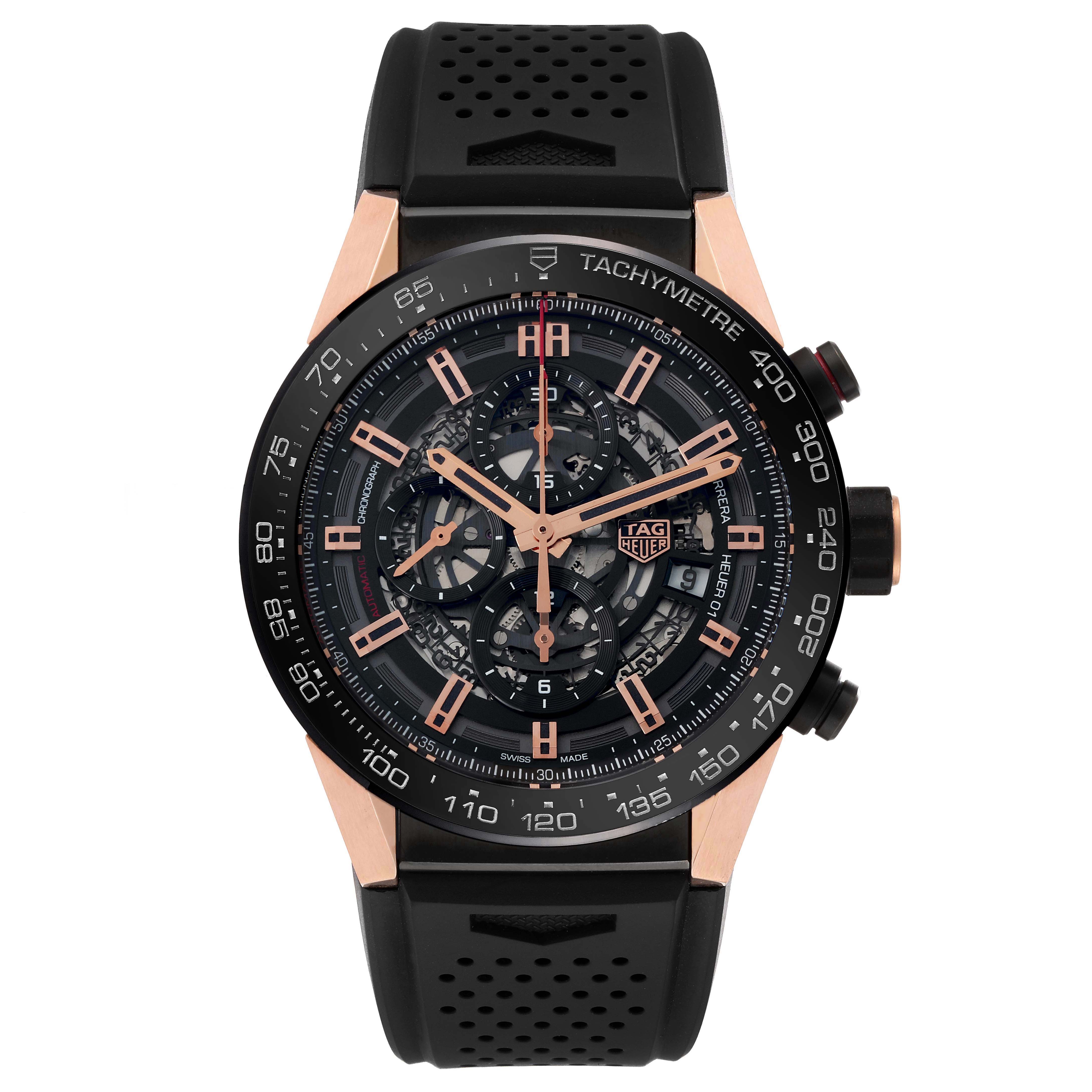 The Tag Heuer Carrera CAR2A5A Men's Titanium Transparent Dial CAR2A5A Men's Titanium Transparent Dial watch is shown from a front angle, highlighting its face, tachymeter, and strap.