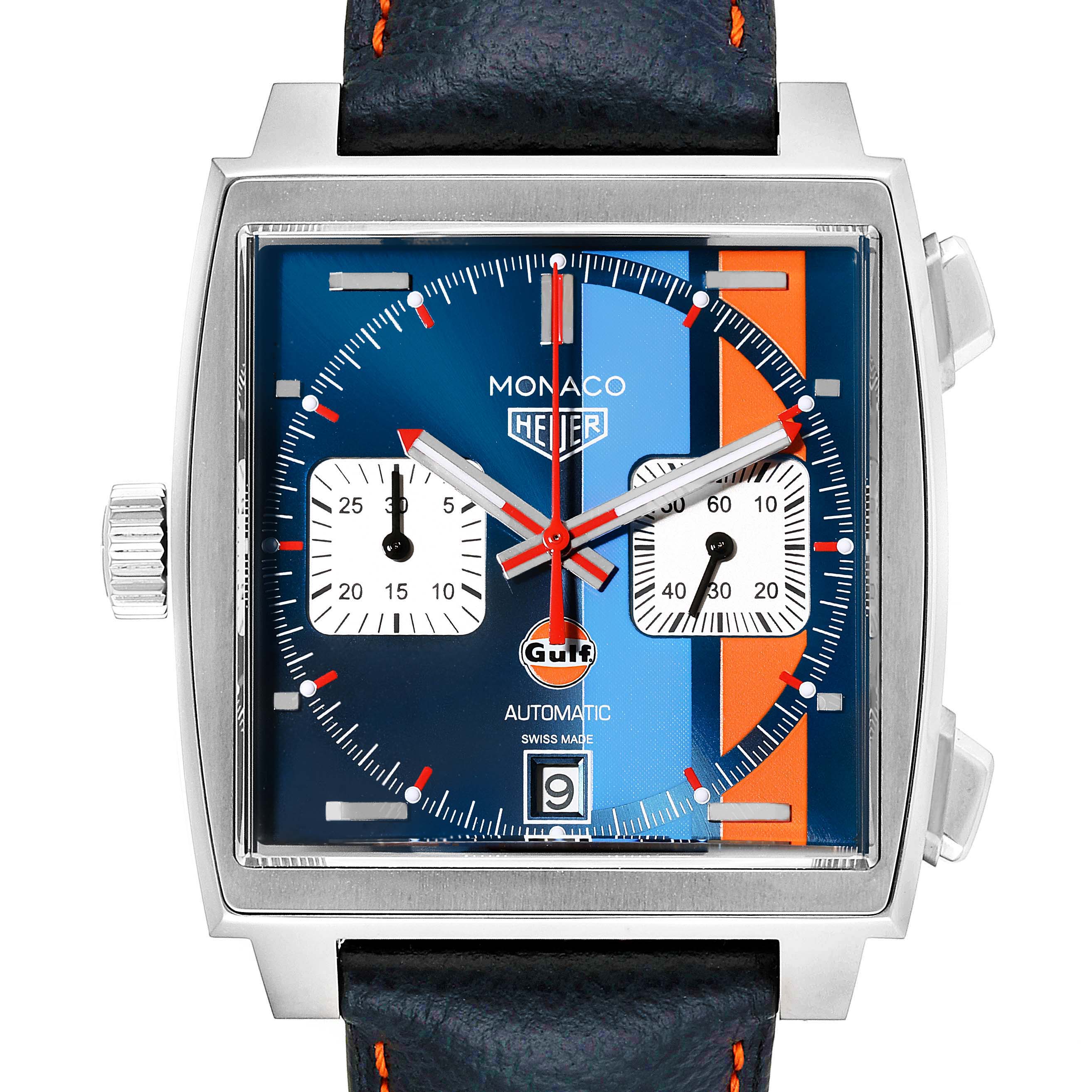 The image shows a front view of the Tag Heuer Monaco CAW211R.FC6401 Men's Stainless Steel Blue Dial CAW211R.FC6401 Men's Stainless Steel Blue Dial watch with its distinct square face and Gulf color scheme.