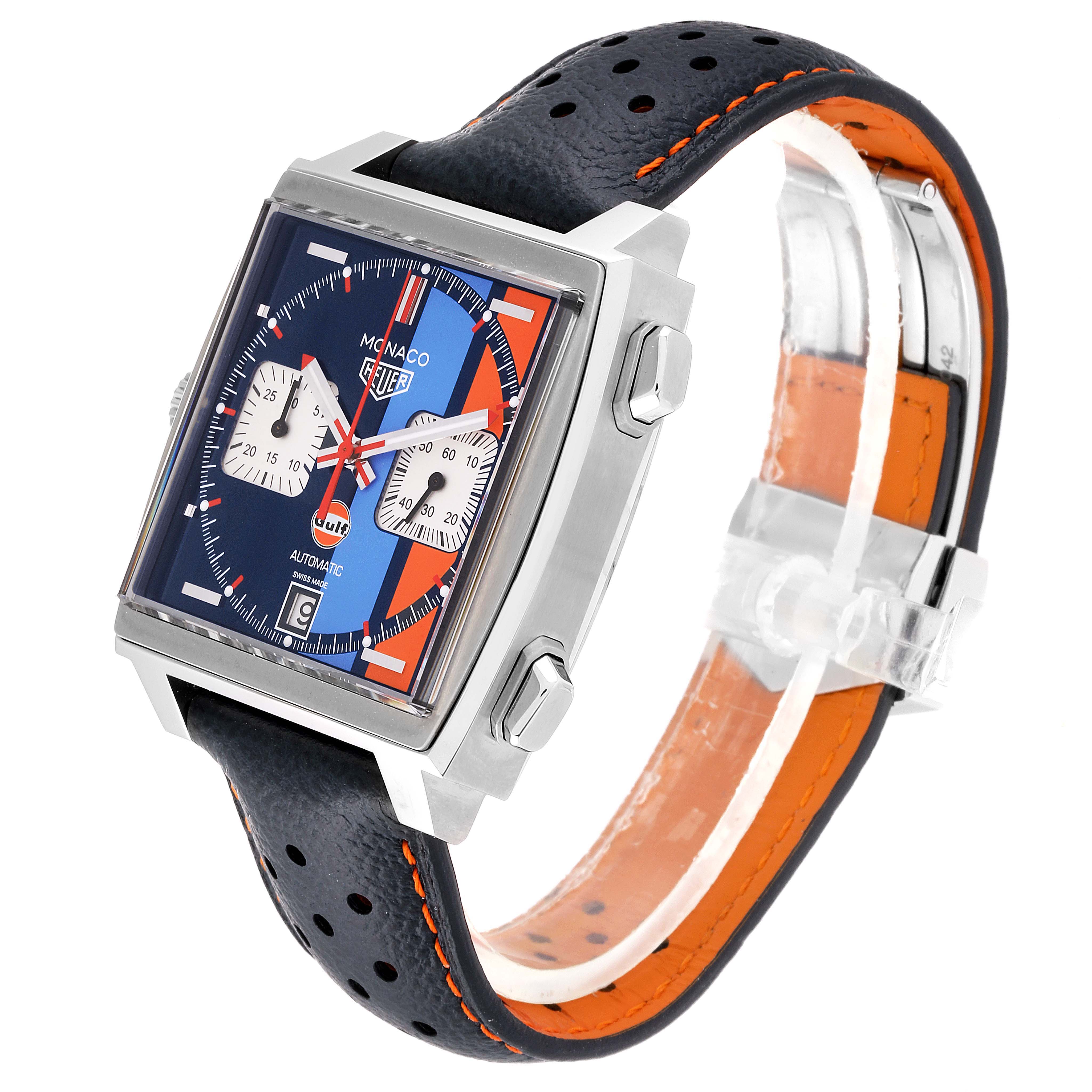 The Tag Heuer Monaco CAW211R.FC6401 Men's Stainless Steel Blue Dial CAW211R.FC6401 Men's Stainless Steel Blue Dial watch is shown at a slight angle, featuring the face, case, and part of the strap.