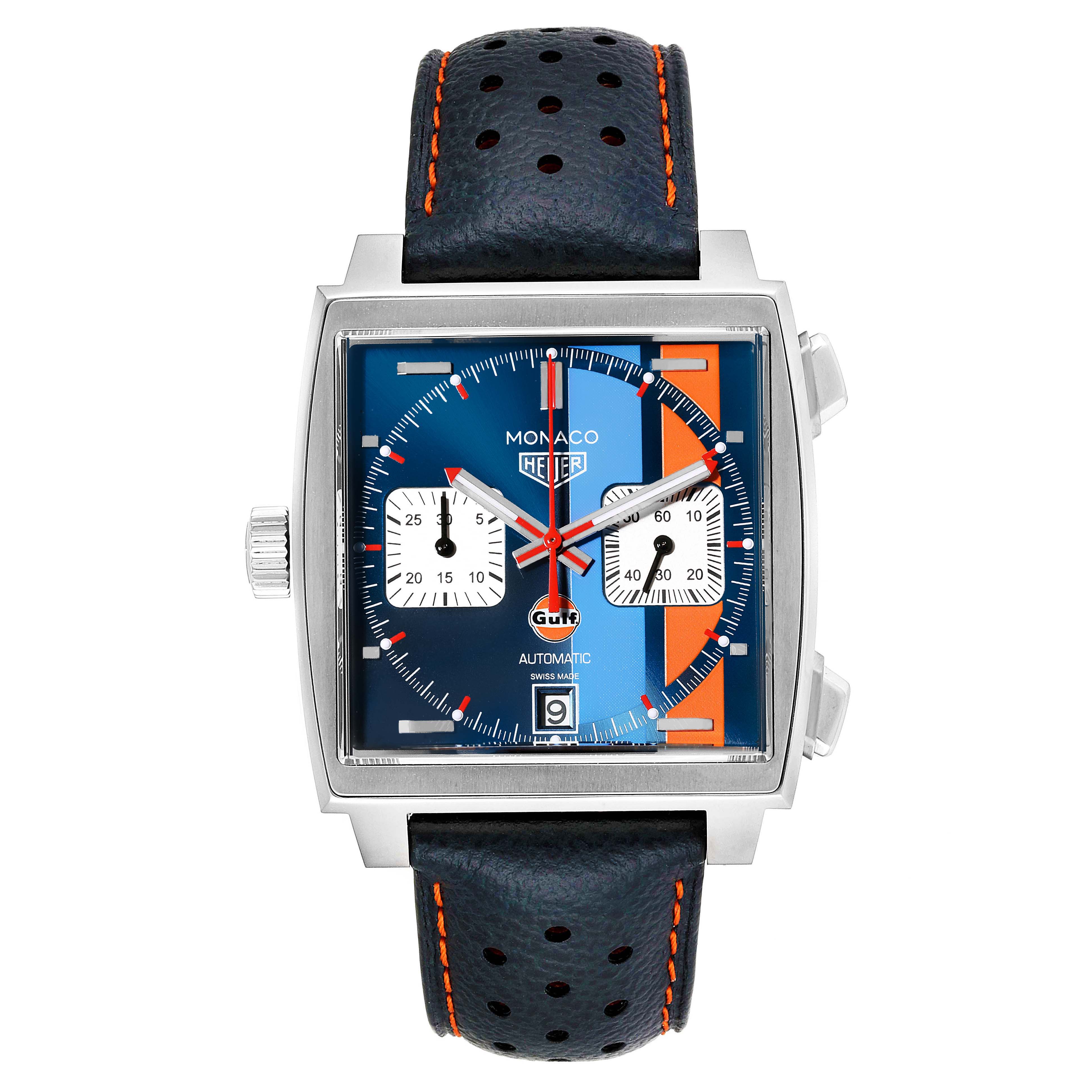 This Tag Heuer Monaco CAW211R.FC6401 Men's Stainless Steel Blue Dial CAW211R.FC6401 Men's Stainless Steel Blue Dial watch is shown from the top, displaying its face, dial, and perforated leather strap.
