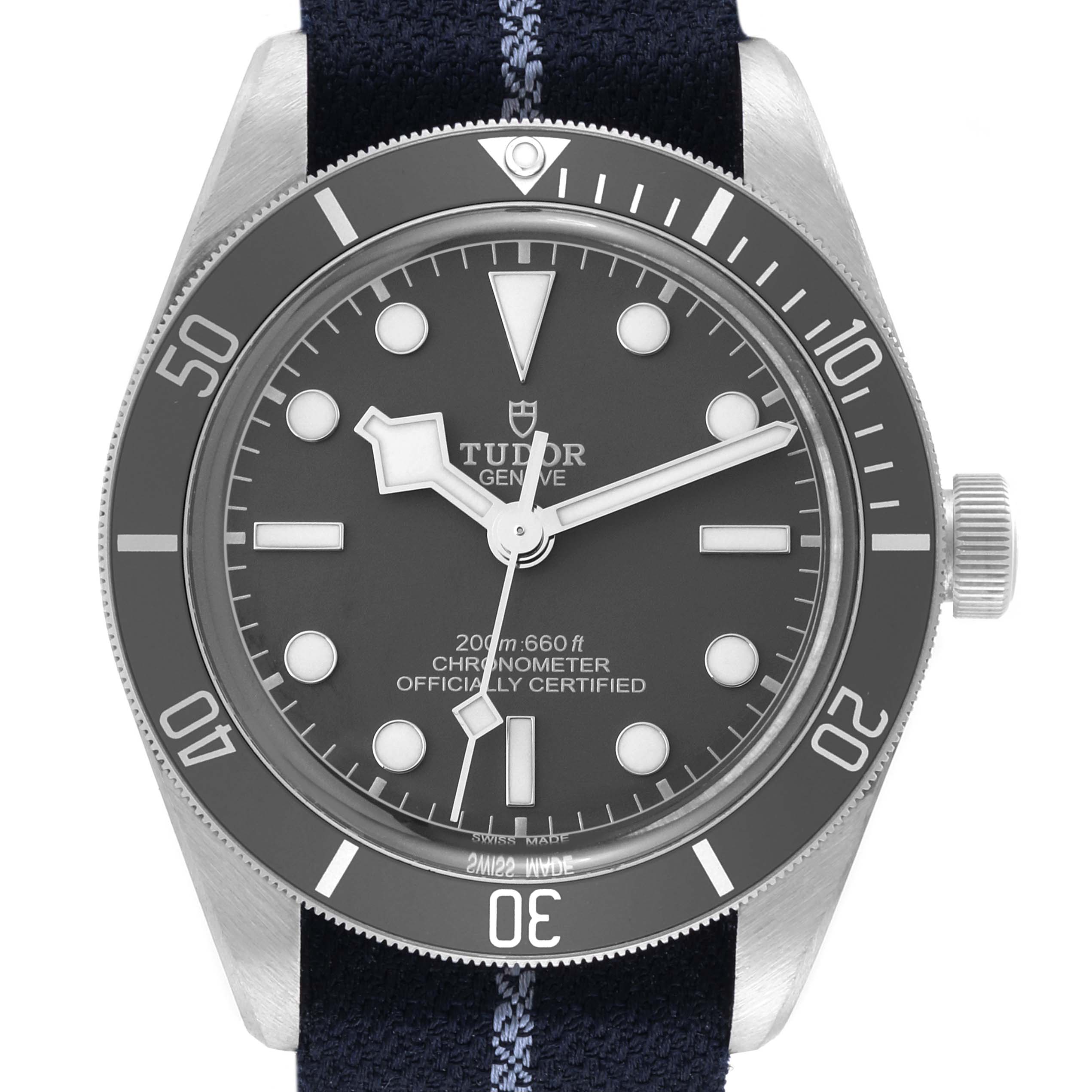 The image shows a front view of the Tudor Heritage Black Bay 79010SG Men
s Stainless Steel Grey Dial 79010SG Men
s Stainless Steel Grey Dial watch, featuring its dial, bezel, and a portion of the strap.