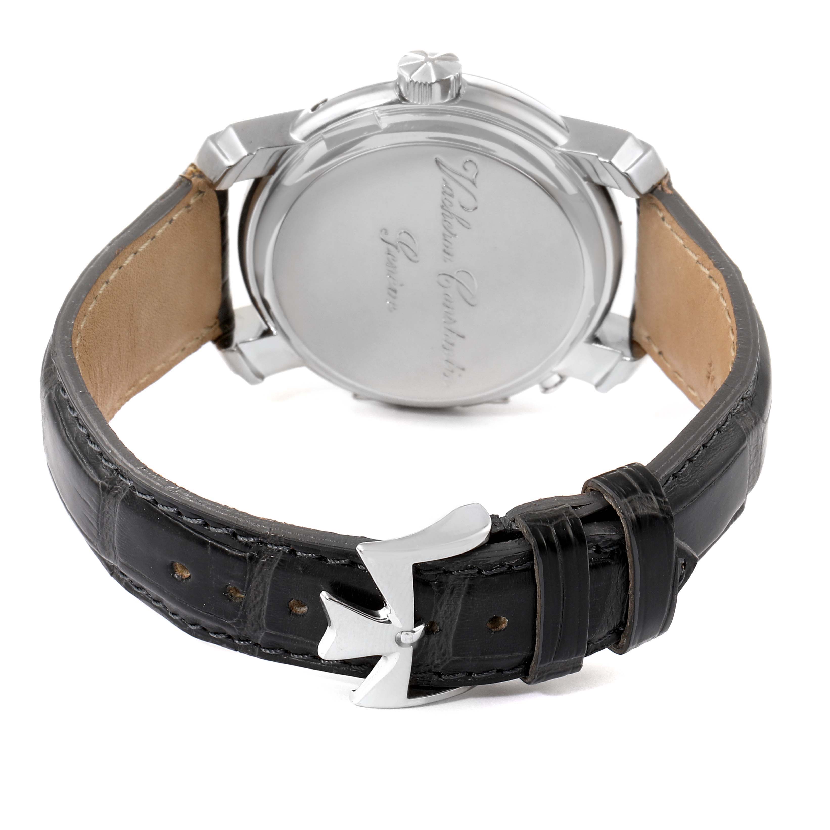 The image shows the back case, crown, and leather strap of the Vacheron Constantin Malte 42005/000G-8900 Men's White Gold Silver Dial 42005/000G-8900 Men's White Gold Silver Dial watch.