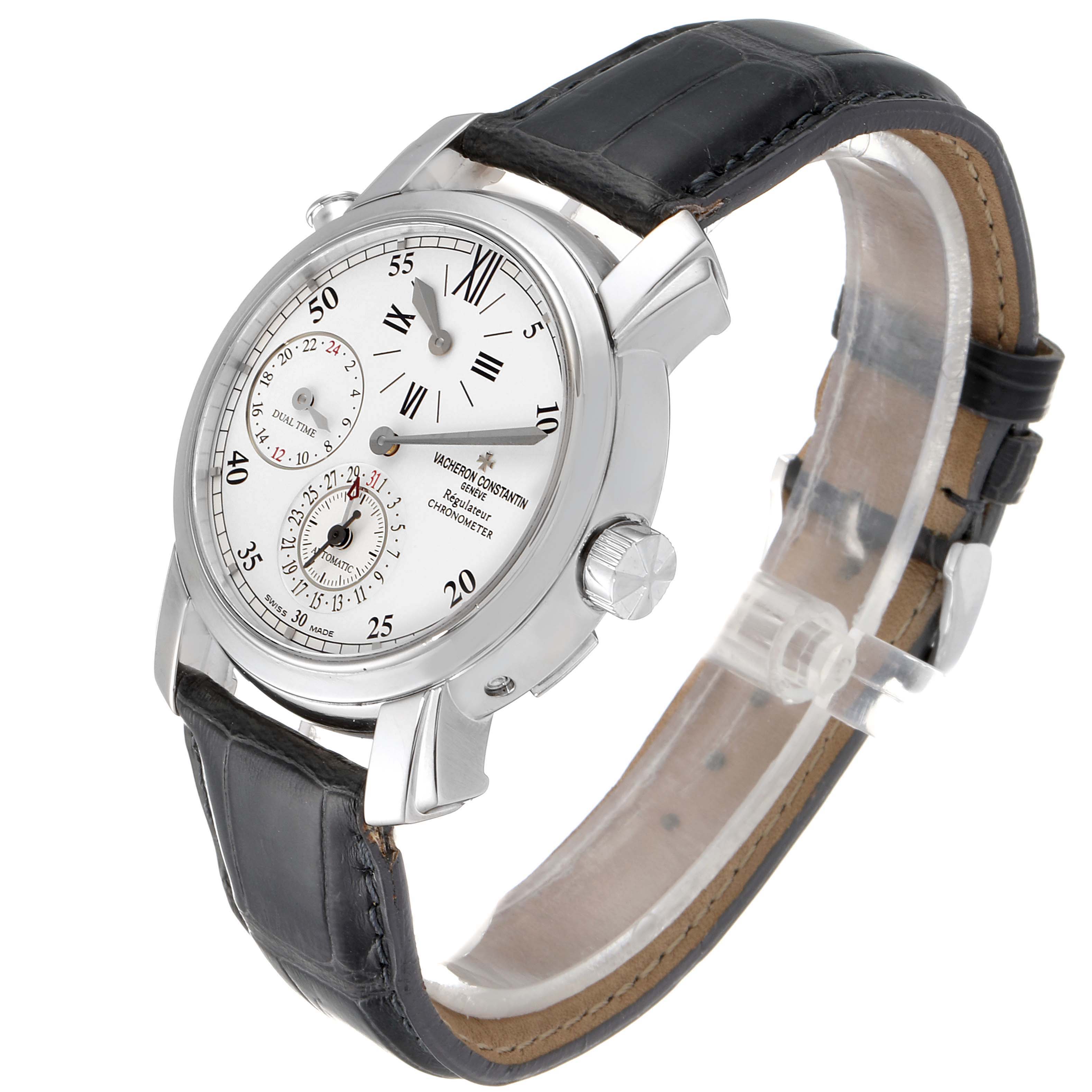 The image shows a Vacheron Constantin Malte 42005/000G-8900 Men's White Gold Silver Dial 42005/000G-8900 Men's White Gold Silver Dial model watch at a slight angle, highlighting the dial, crown, and leather strap.