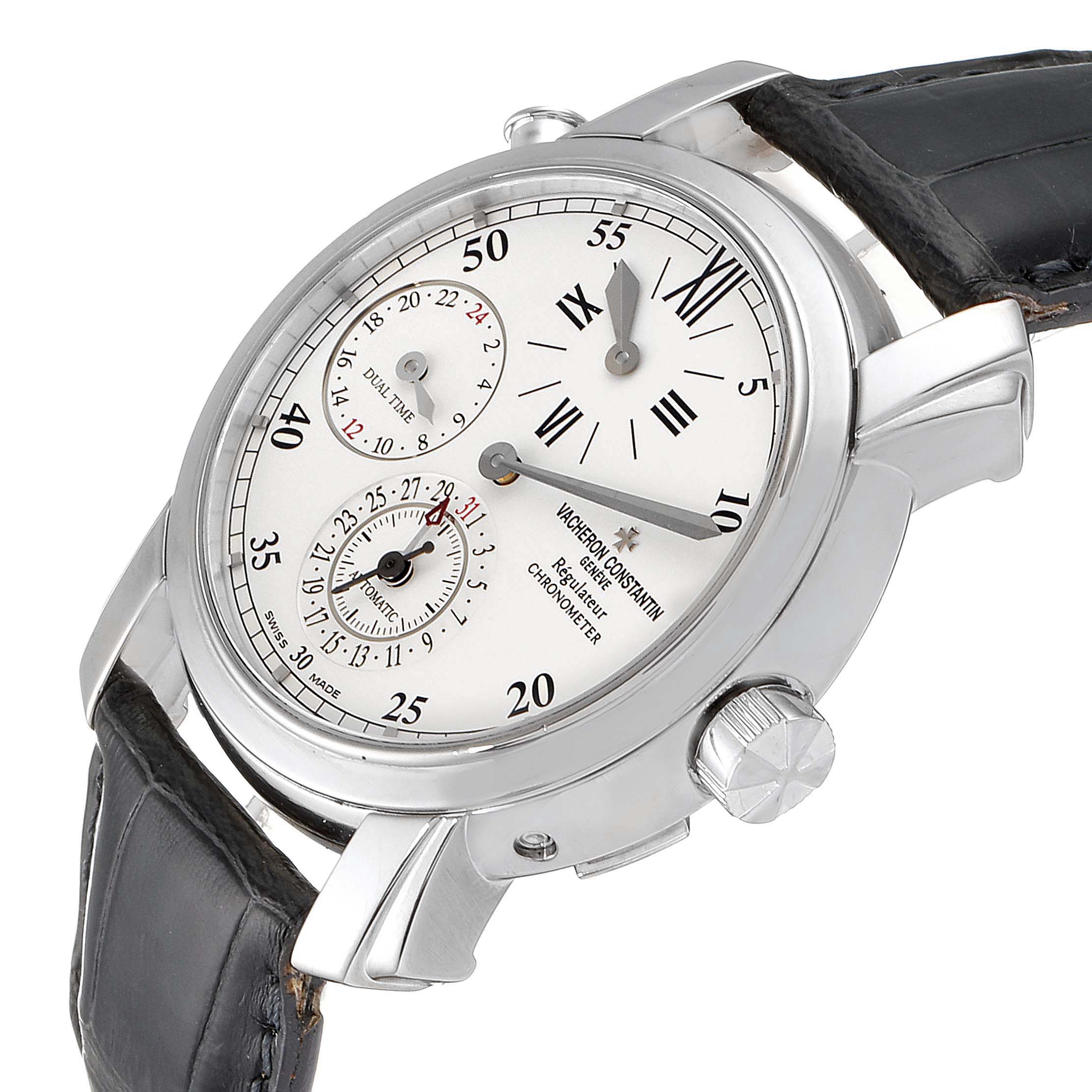 The image shows a Vacheron Constantin Malte 42005/000G-8900 Men's White Gold Silver Dial 42005/000G-8900 Men's White Gold Silver Dial watch at an angled side view, highlighting its dial, crown, and leather strap.