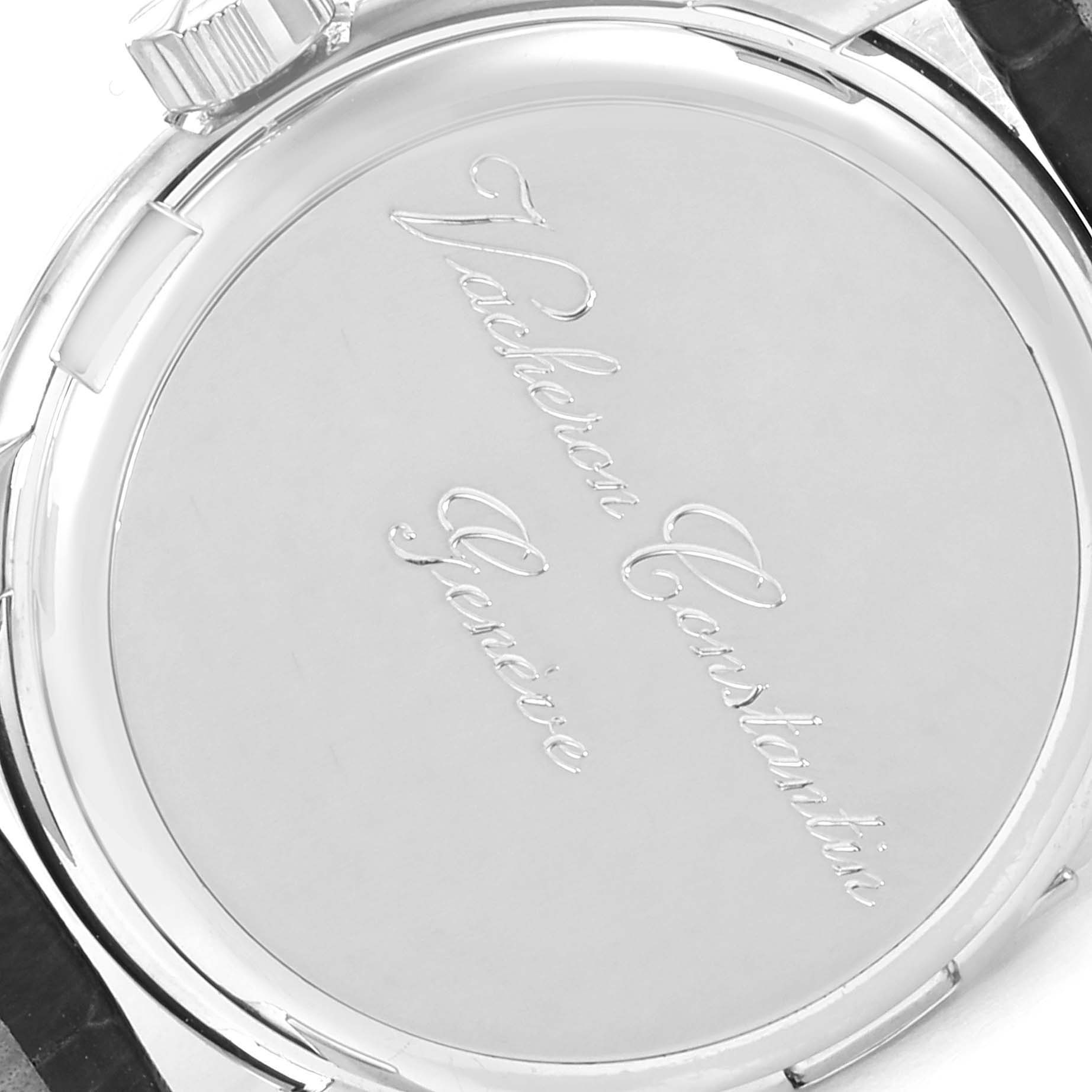 The image shows the engraved back case and part of the crown of a Vacheron Constantin Malte 42005/000G-8900 Men's White Gold Silver Dial 42005/000G-8900 Men's White Gold Silver Dial watch.