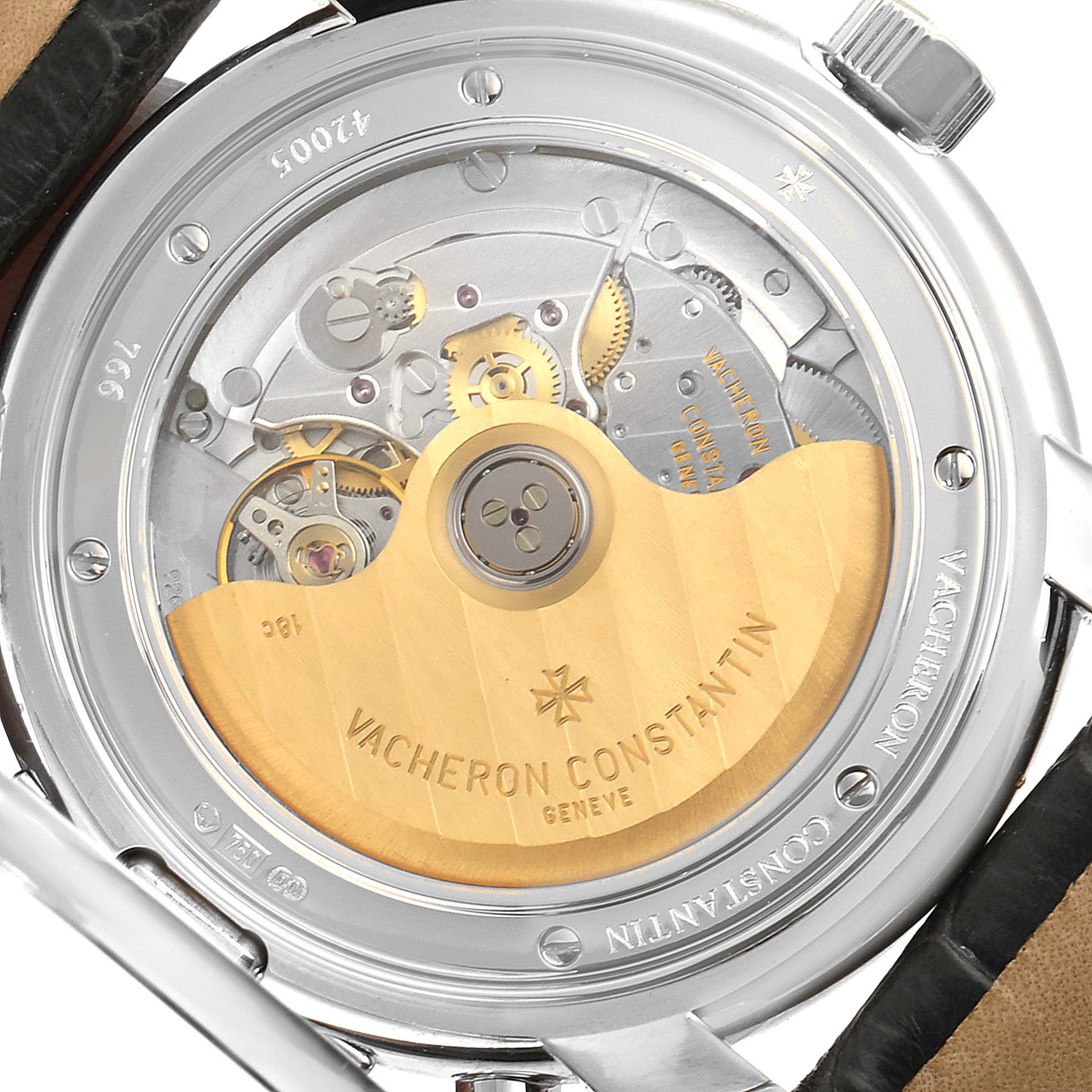 The image shows the back view of the Vacheron Constantin Malte 42005/000G-8900 Men's White Gold Silver Dial 42005/000G-8900 Men's White Gold Silver Dial watch, highlighting its movement and internal mechanisms.