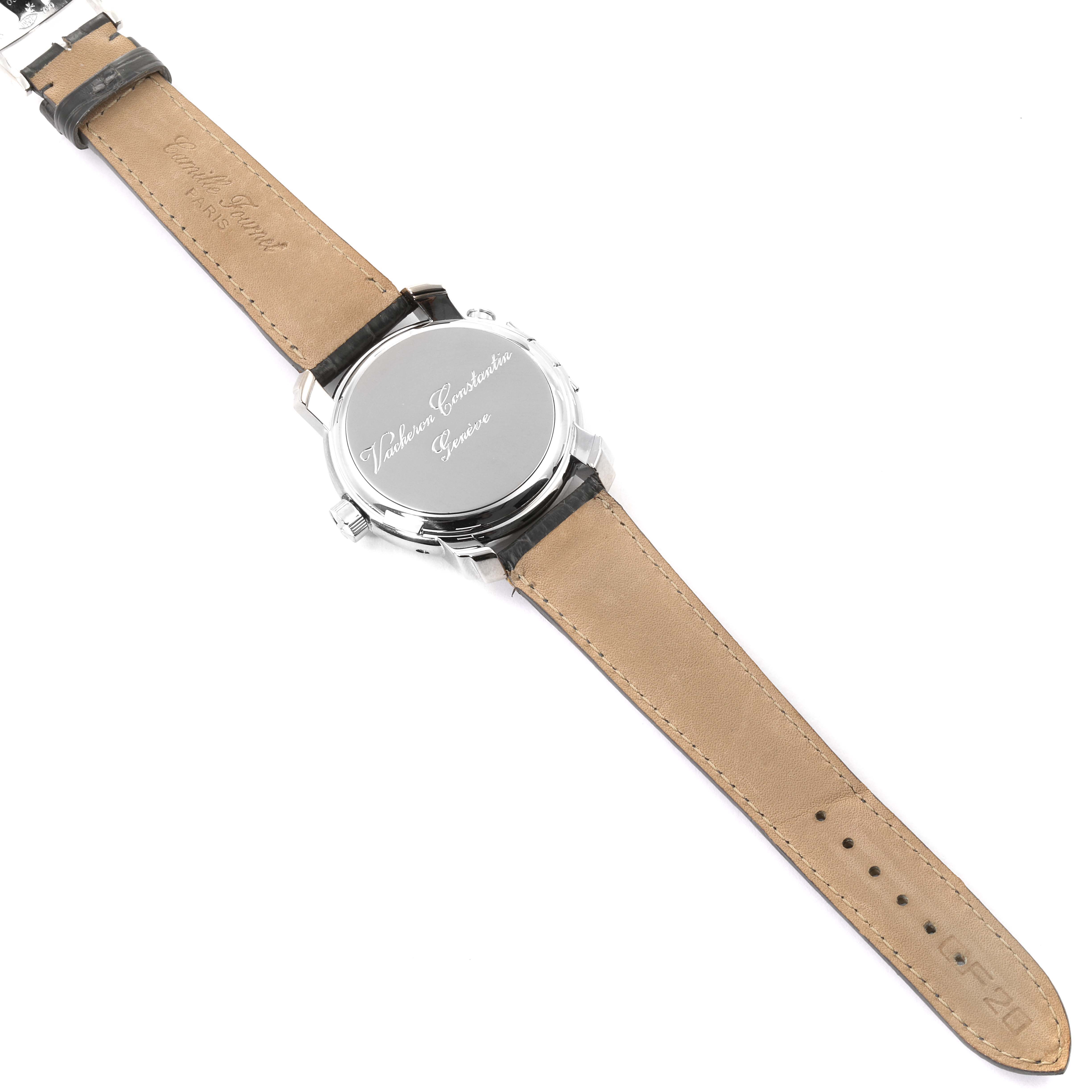 The image shows the back view of a Vacheron Constantin Malte 42005/000G-8900 Men's White Gold Silver Dial 42005/000G-8900 Men's White Gold Silver Dial watch, displaying the case back and leather strap.