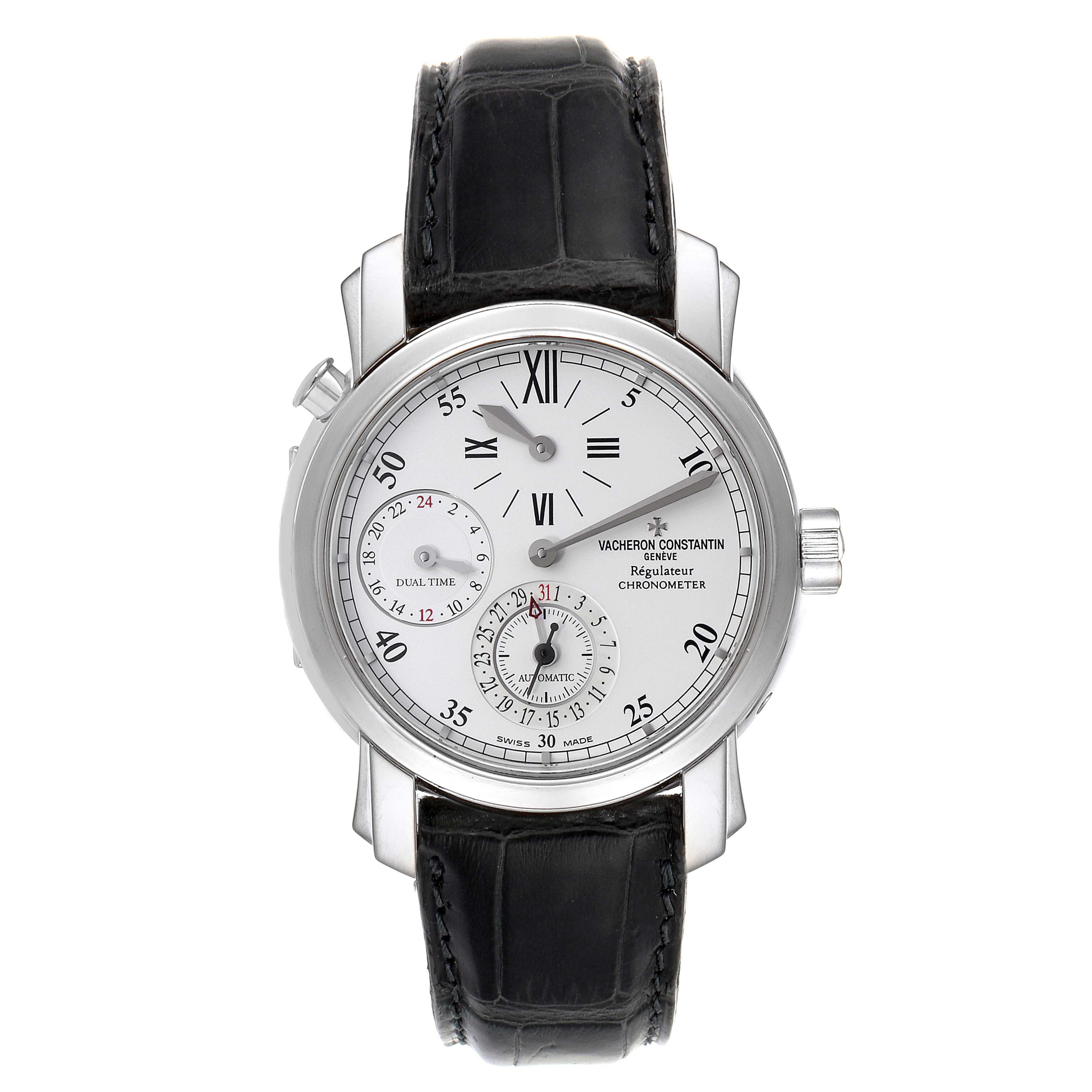 The image shows a front view of a Vacheron Constantin Malte 42005/000G-8900 Men's White Gold Silver Dial 42005/000G-8900 Men's White Gold Silver Dial watch, displaying its dial, hands, subdials, and black leather strap.