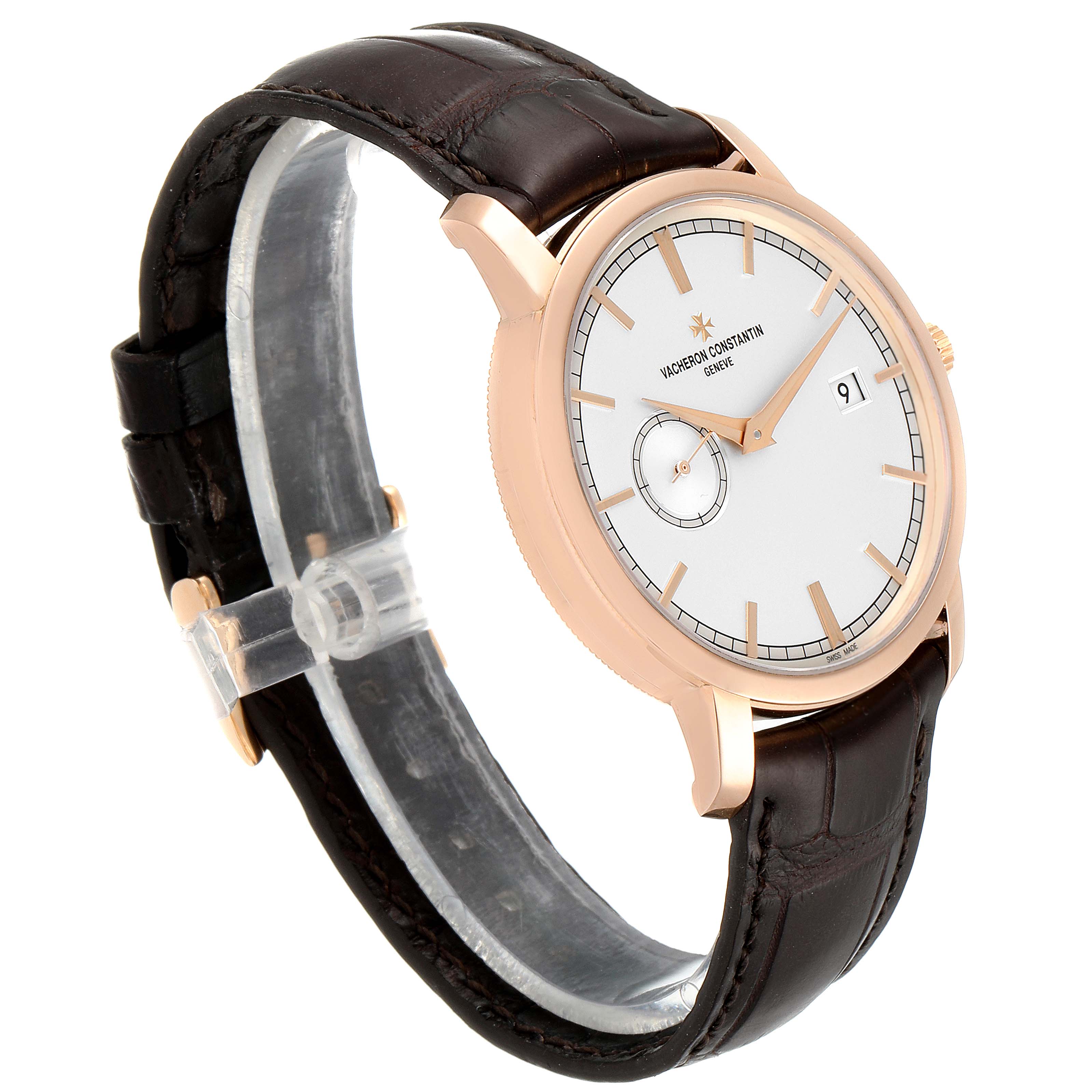 The Vacheron Constantin Traditionnelle 87172/000R-9302 Men
s Rose Gold Silver Dial 87172/000R-9302 Men
s Rose Gold Silver Dial watch is shown at a three-quarter angle, highlighting the face, crown, and leather strap.