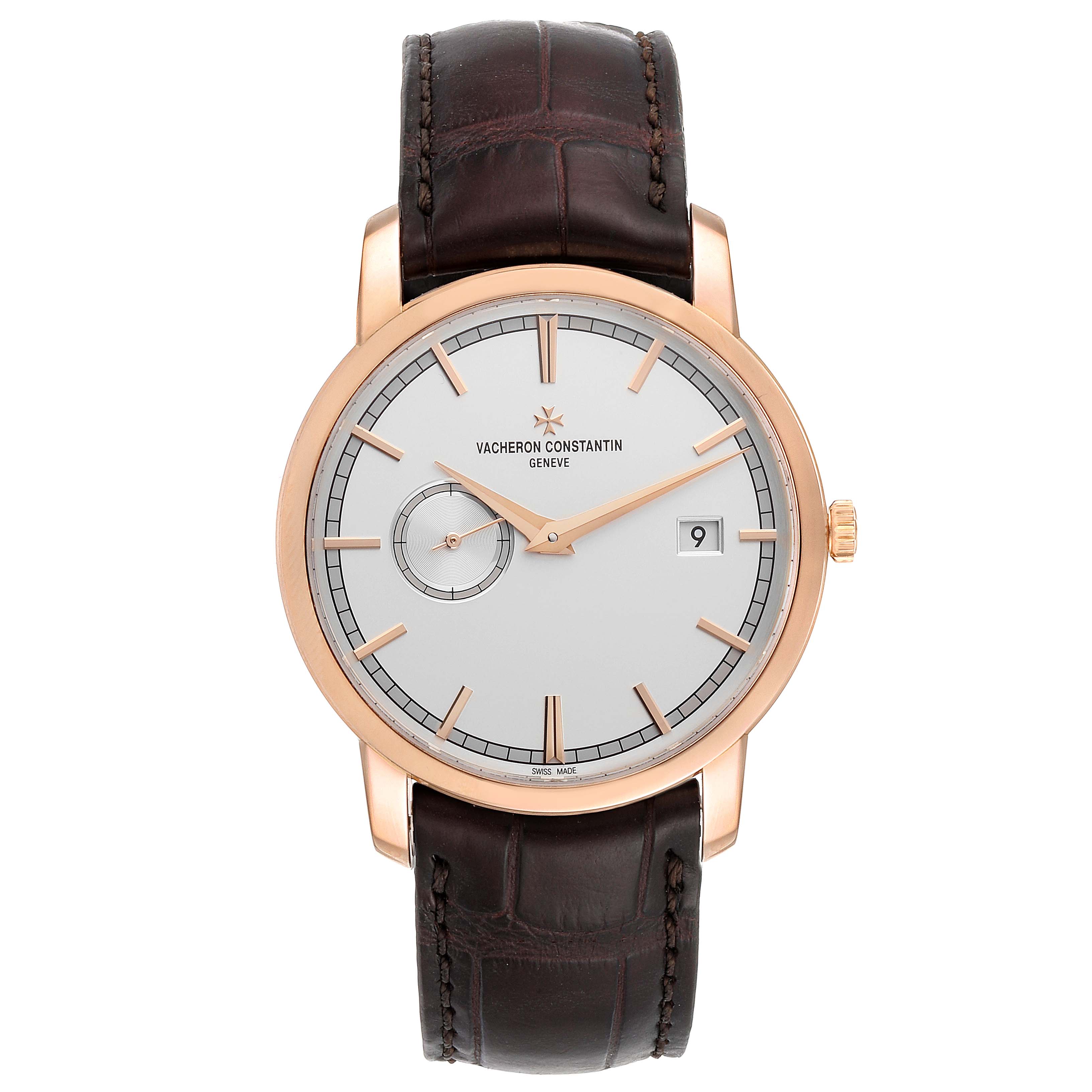 The image shows a front view of the Vacheron Constantin Traditionnelle 87172/000R-9302 Men
s Rose Gold Silver Dial 87172/000R-9302 Men
s Rose Gold Silver Dial watch, displaying its face, rose gold case, and brown leather strap.