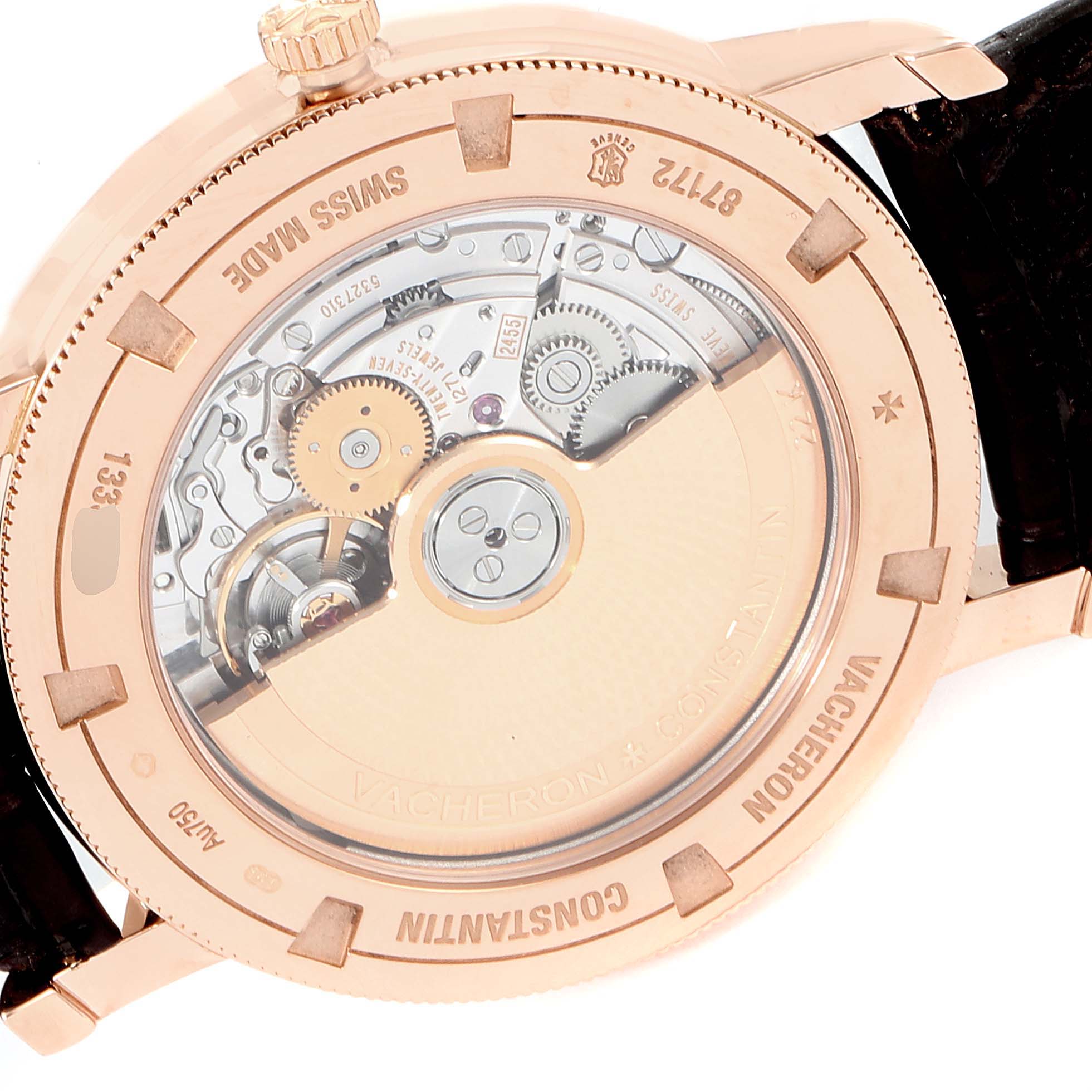 This is a rear view of the Vacheron Constantin Traditionnelle 87172/000R-9302 Men
s Rose Gold Silver Dial 87172/000R-9302 Men
s Rose Gold Silver Dial watch showing the mechanical movement through the transparent case back.
