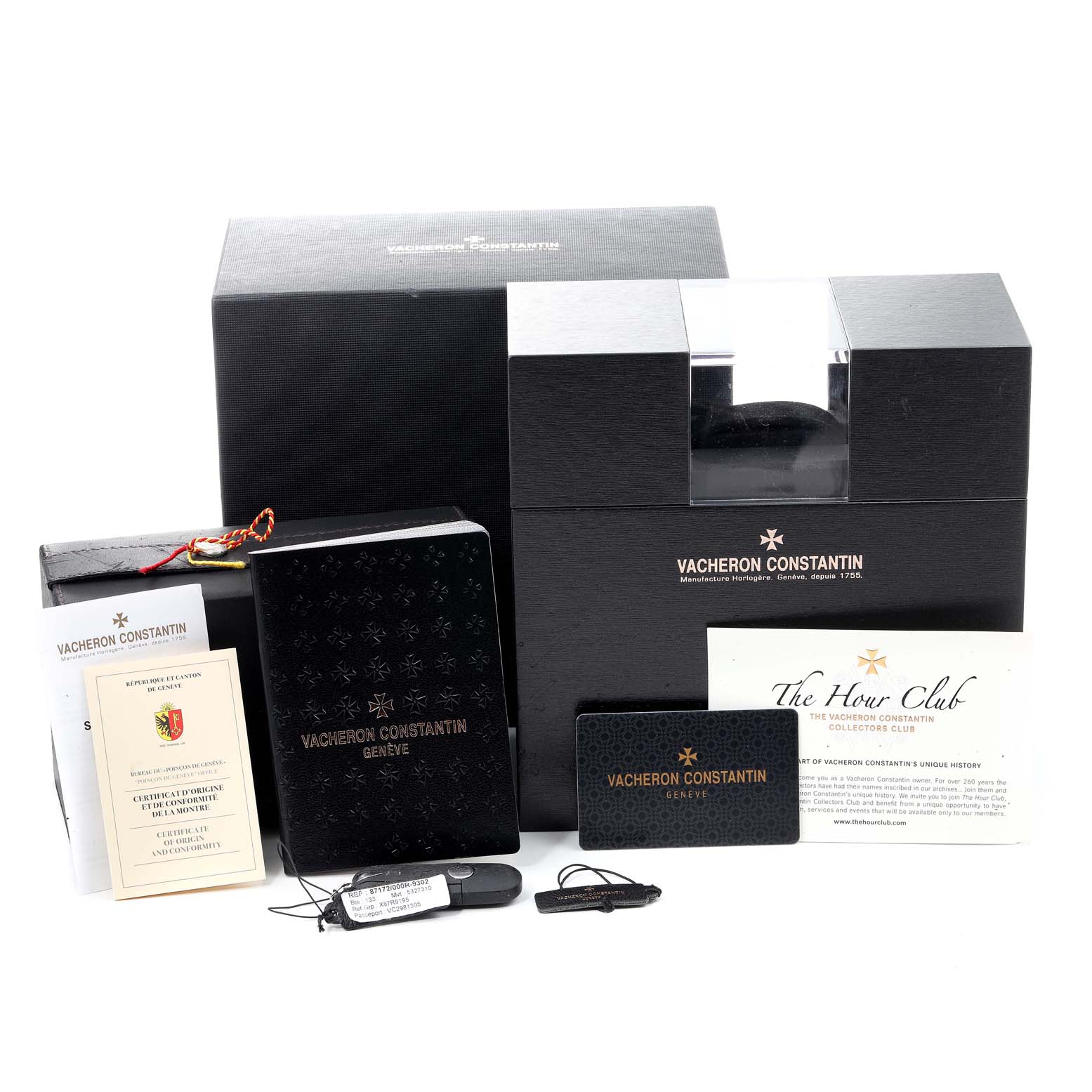 The image shows the box, documentation, warranty card, and accessories for the Vacheron Constantin Traditionnelle 87172/000R-9302 Men
s Rose Gold Silver Dial 87172/000R-9302 Men
s Rose Gold Silver Dial watch.