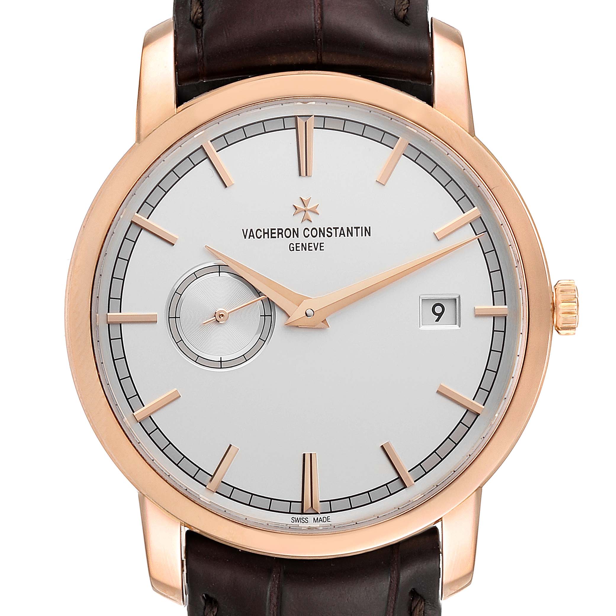 The image shows a front view of a Vacheron Constantin Traditionnelle 87172/000R-9302 Men
s Rose Gold Silver Dial 87172/000R-9302 Men
s Rose Gold Silver Dial watch with a leather strap and gold bezel.