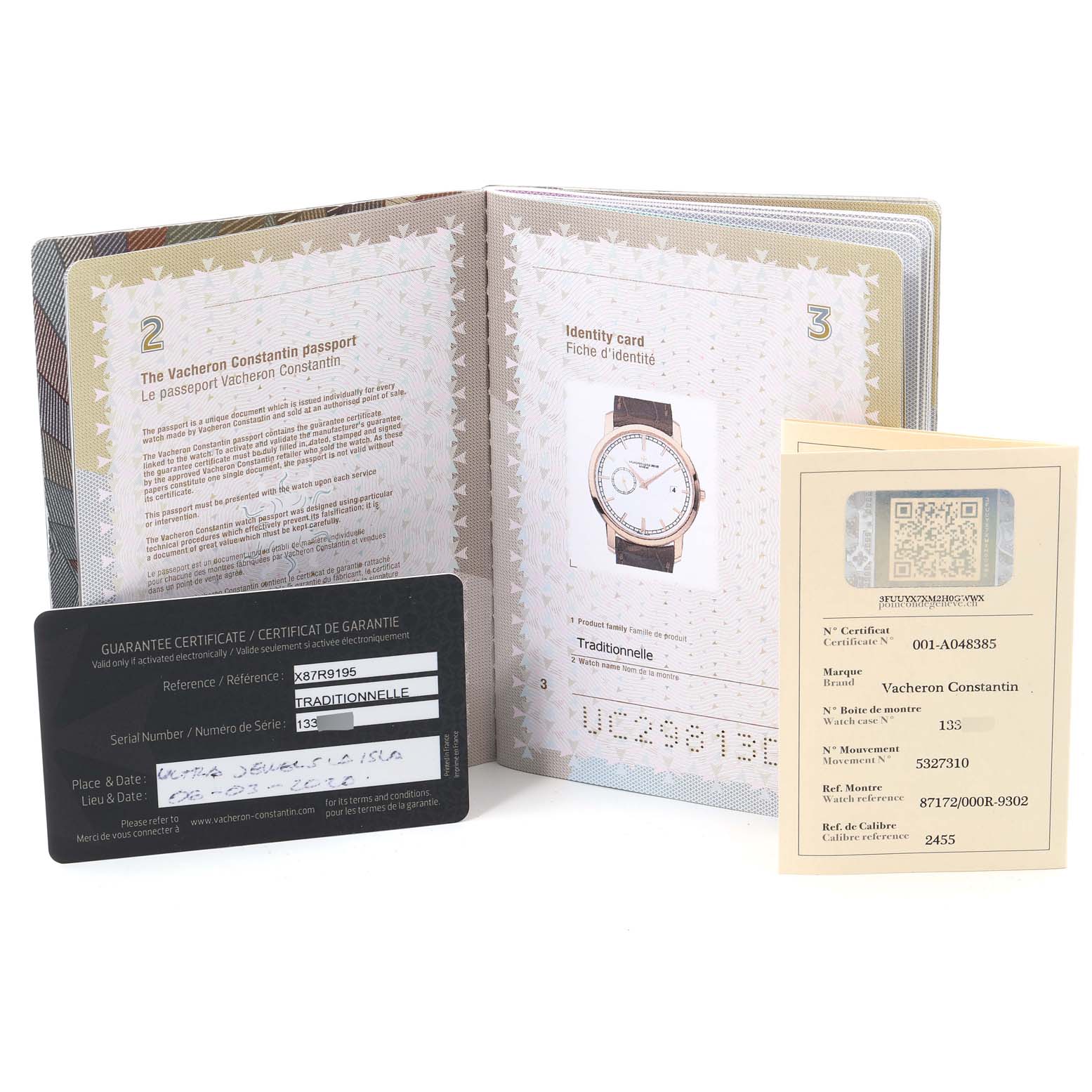The image shows documentation for a Vacheron Constantin Traditionnelle 87172/000R-9302 Men
s Rose Gold Silver Dial 87172/000R-9302 Men
s Rose Gold Silver Dial watch, including the guarantee certificate, passport booklet, and identity card.