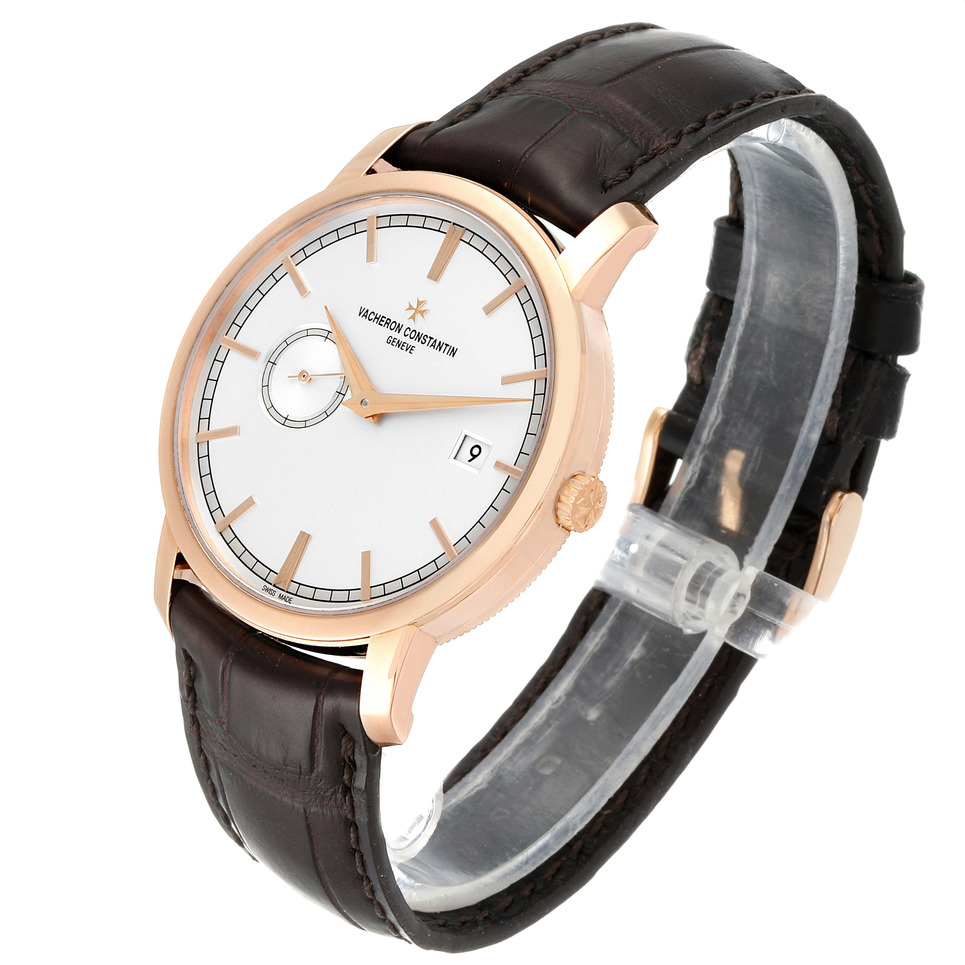 The Vacheron Constantin Traditionnelle 87172/000R-9302 Men
s Rose Gold Silver Dial 87172/000R-9302 Men
s Rose Gold Silver Dial watch is shown at a three-quarter angle, displaying the watch face, crown, and leather strap.