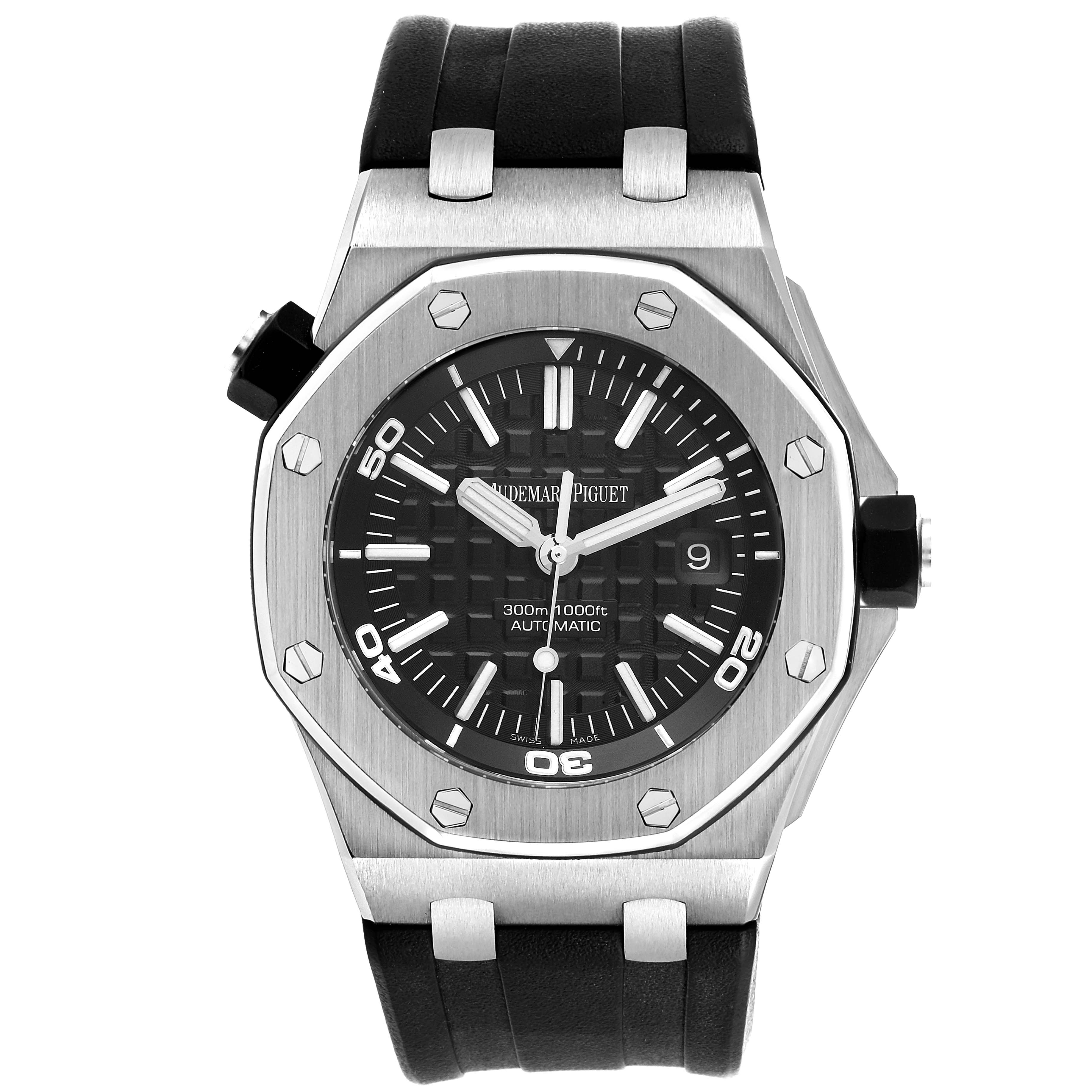 The image shows a front view of the Audemars Piguet Royal Oak Offshore 15703ST.OO.A002CA.01 Men's Stainless Steel Black Dial 15703ST.OO.A002CA.01 Men's Stainless Steel Black Dial watch, highlighting the dial, bezel, and rubber strap.