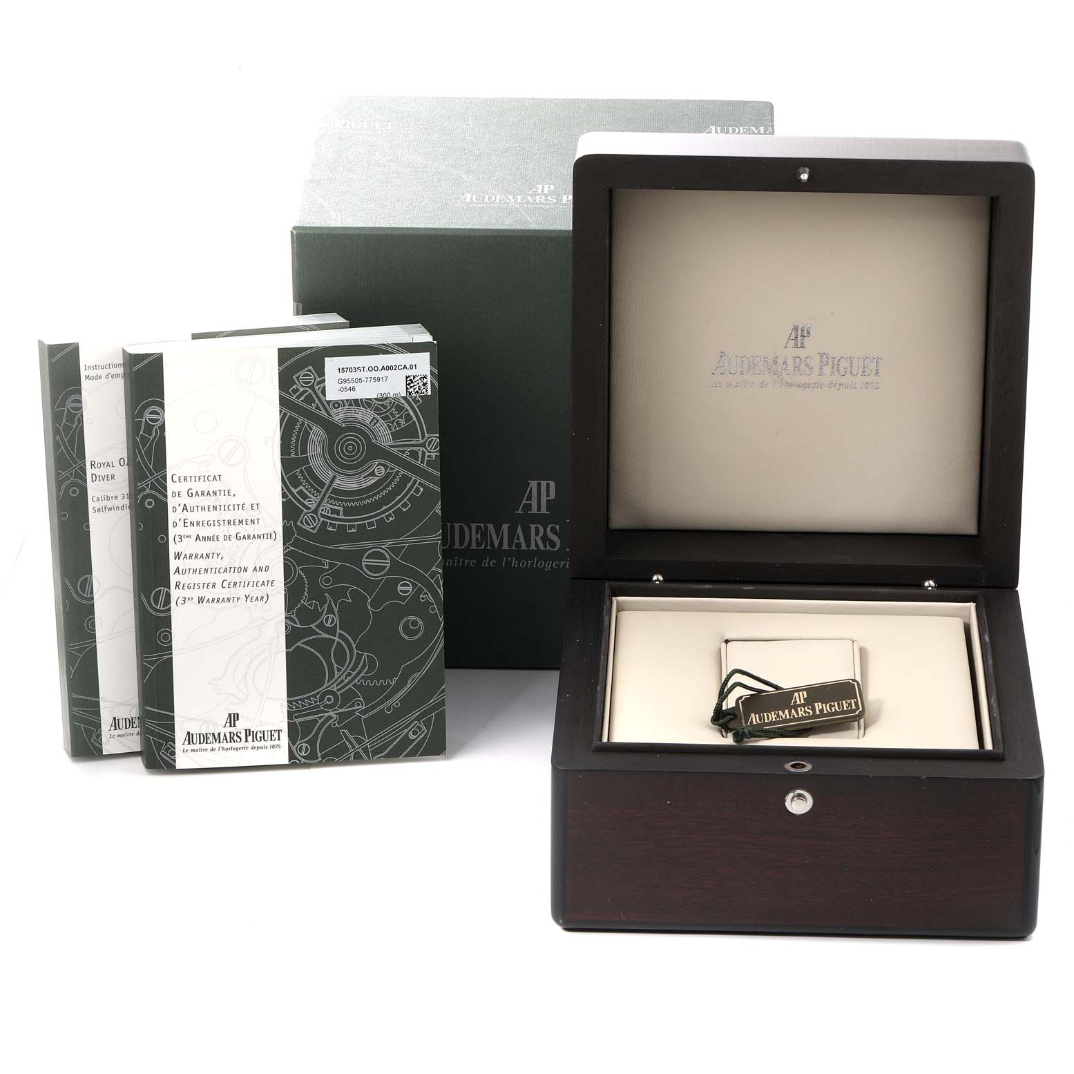 The image shows the packaging, manuals, and presentation box for an Audemars Piguet Royal Oak Offshore 15703ST.OO.A002CA.01 Men's Stainless Steel Black Dial 15703ST.OO.A002CA.01 Men's Stainless Steel Black Dial watch.