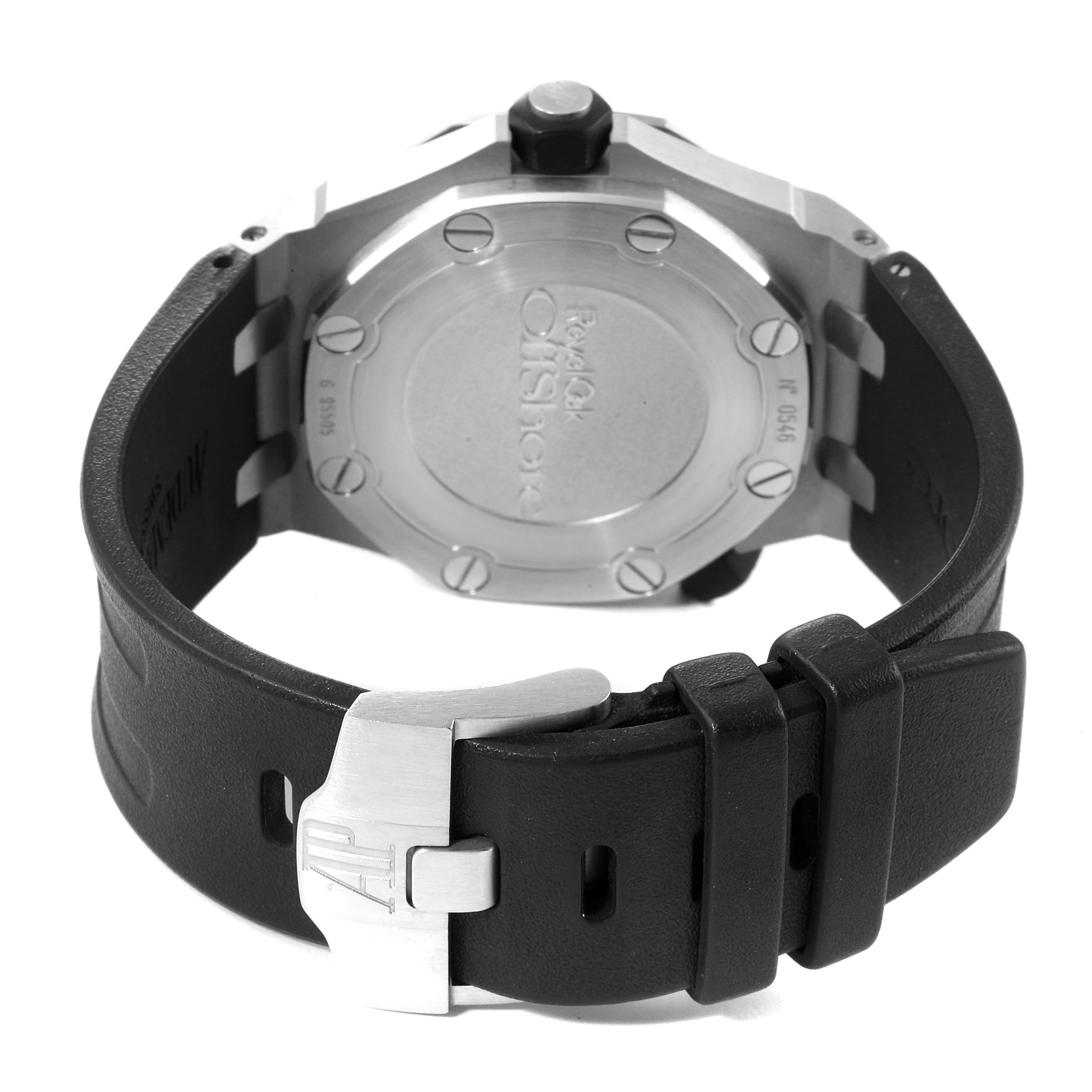 This image shows the caseback, clasp, and strap of an Audemars Piguet Royal Oak Offshore 15703ST.OO.A002CA.01 Men's Stainless Steel Black Dial 15703ST.OO.A002CA.01 Men's Stainless Steel Black Dial watch.