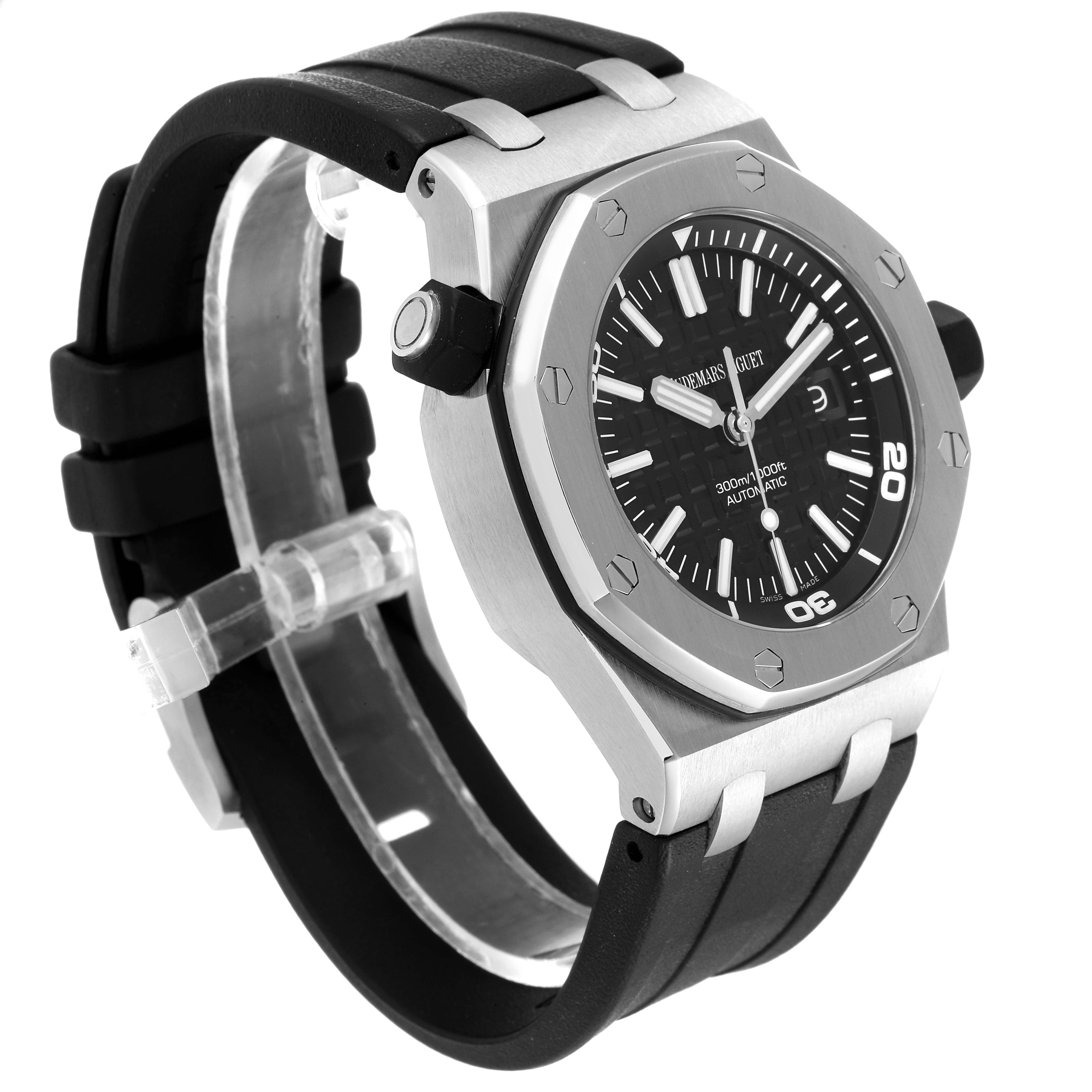 The image shows a side angle of the Audemars Piguet Royal Oak Offshore 15703ST.OO.A002CA.01 Men's Stainless Steel Black Dial 15703ST.OO.A002CA.01 Men's Stainless Steel Black Dial watch, highlighting the bezel, dial, and strap.