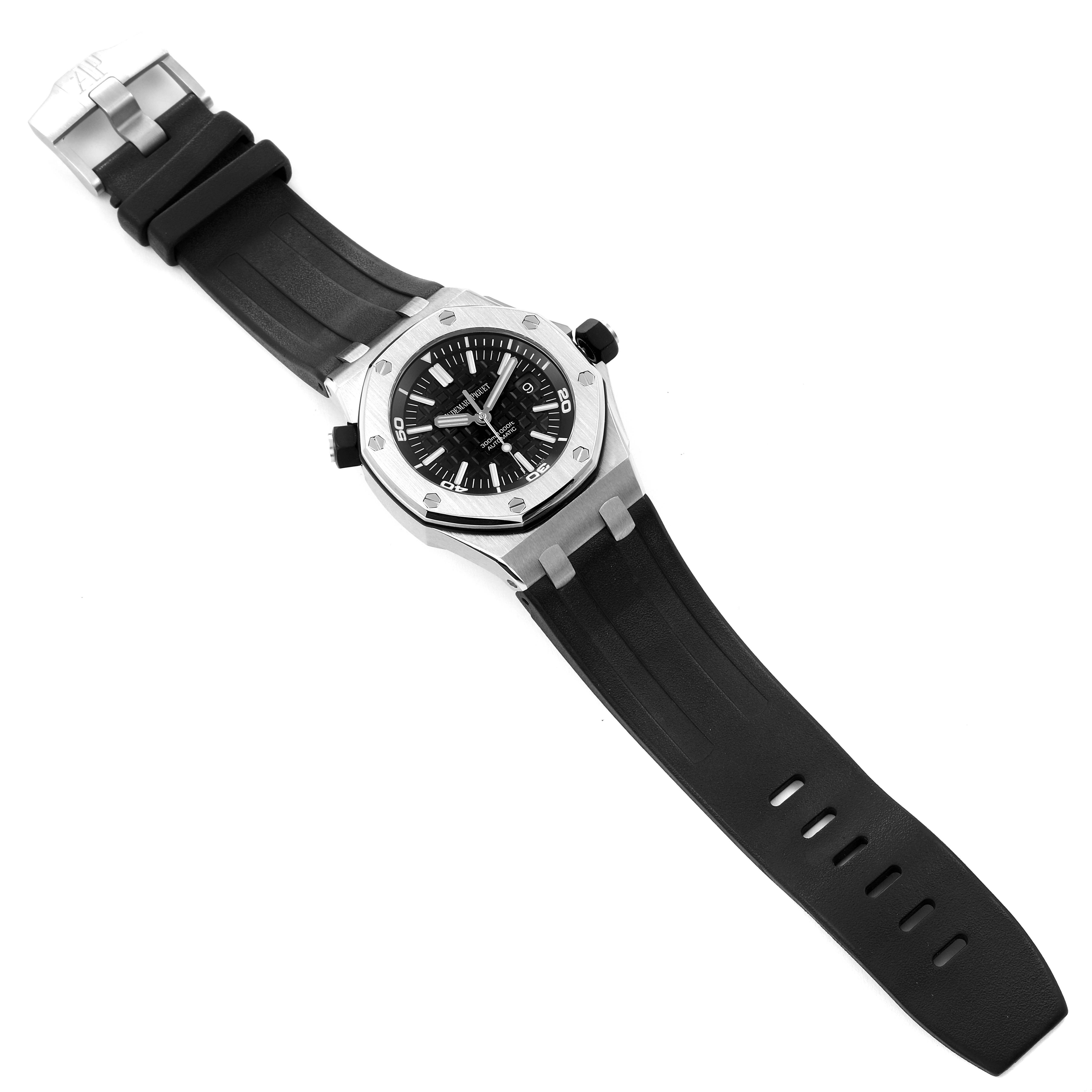 The image shows an Audemars Piguet Royal Oak Offshore 15703ST.OO.A002CA.01 Men's Stainless Steel Black Dial 15703ST.OO.A002CA.01 Men's Stainless Steel Black Dial model watch from a top-down angle, highlighting its face, bezel, and black rubber strap.