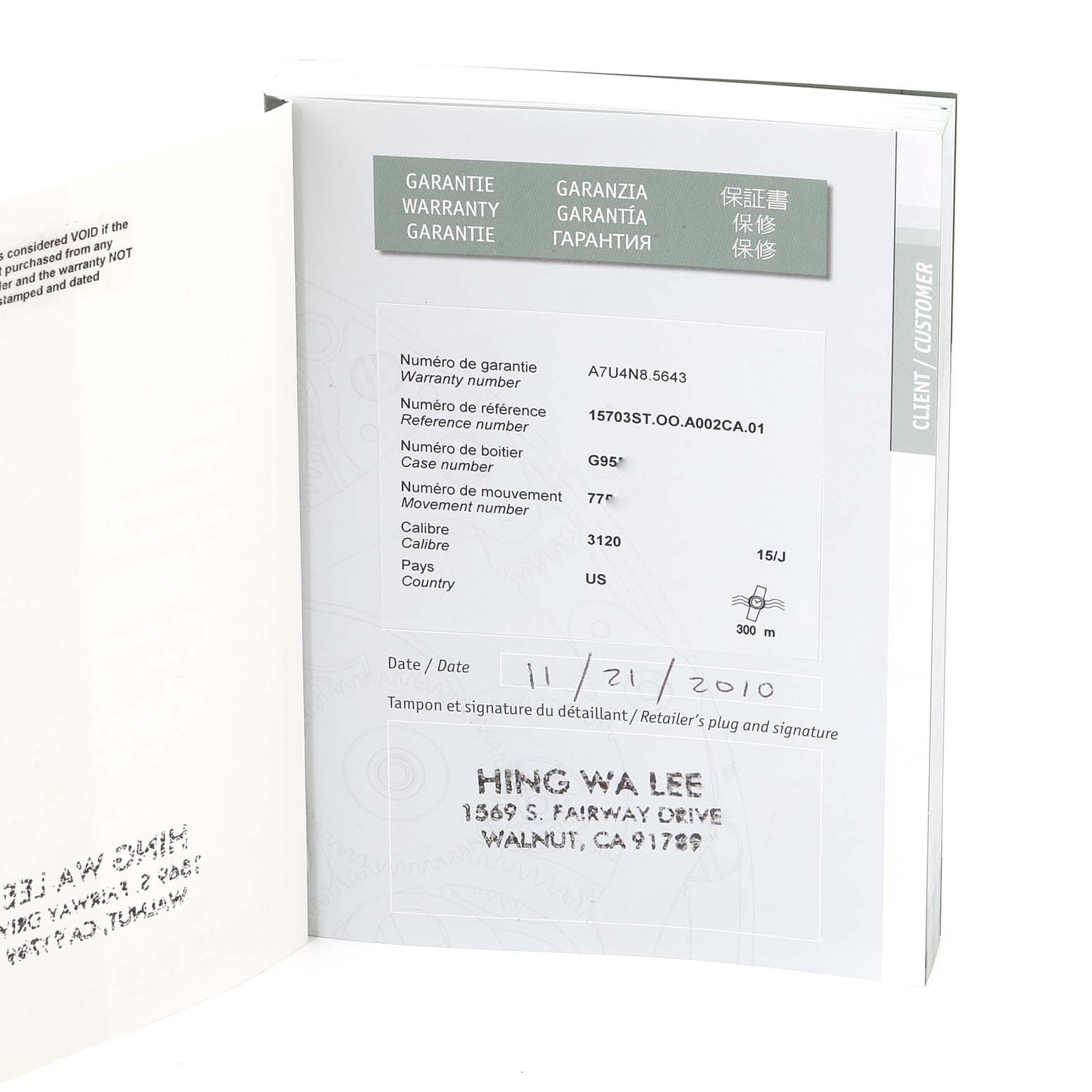 This image shows the warranty booklet for an Audemars Piguet Royal Oak Offshore 15703ST.OO.A002CA.01 Men's Stainless Steel Black Dial 15703ST.OO.A002CA.01 Men's Stainless Steel Black Dial model.