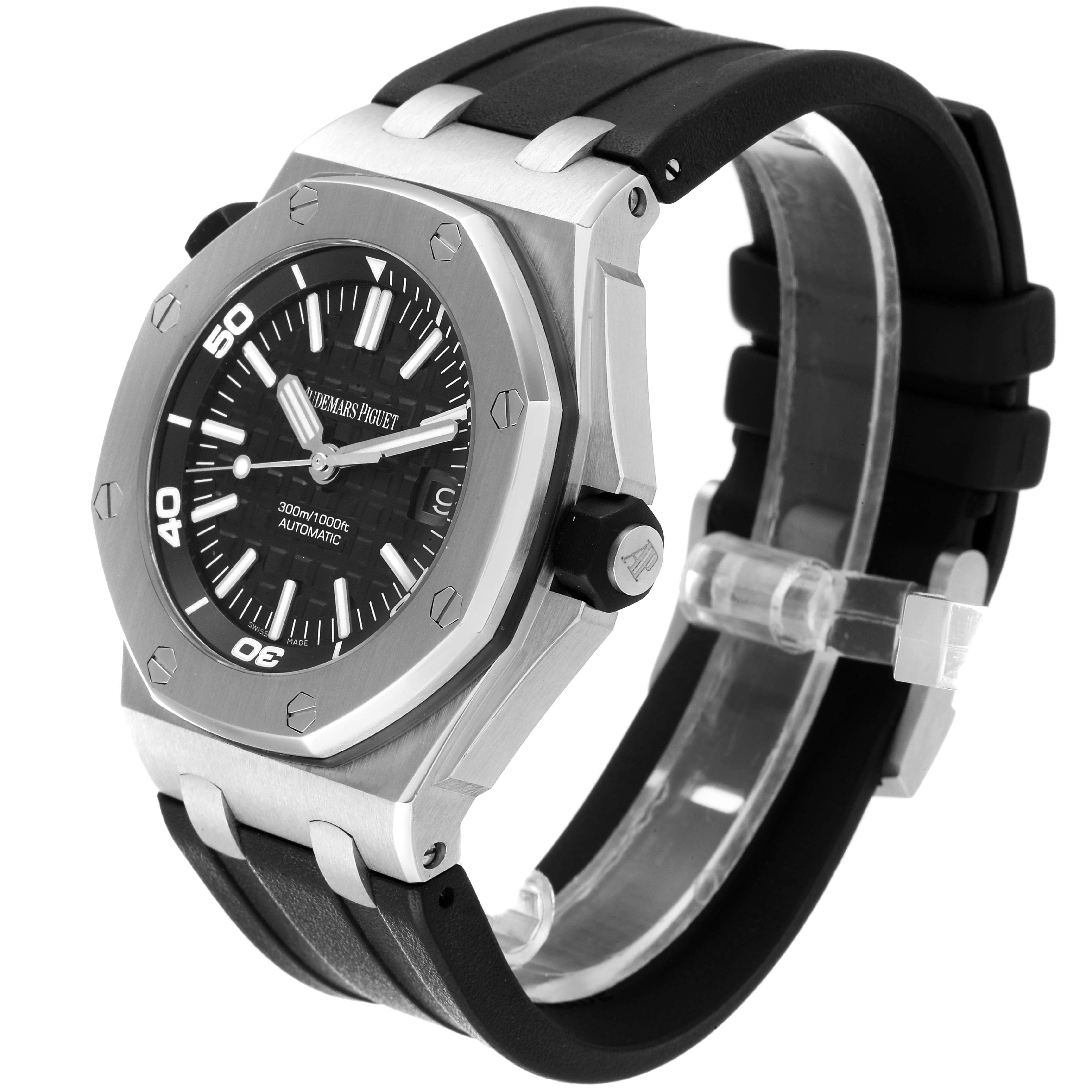 The Royal Oak Offshore by Audemars Piguet is shown at an angle highlighting the face, bezel, crown, and black rubber strap.