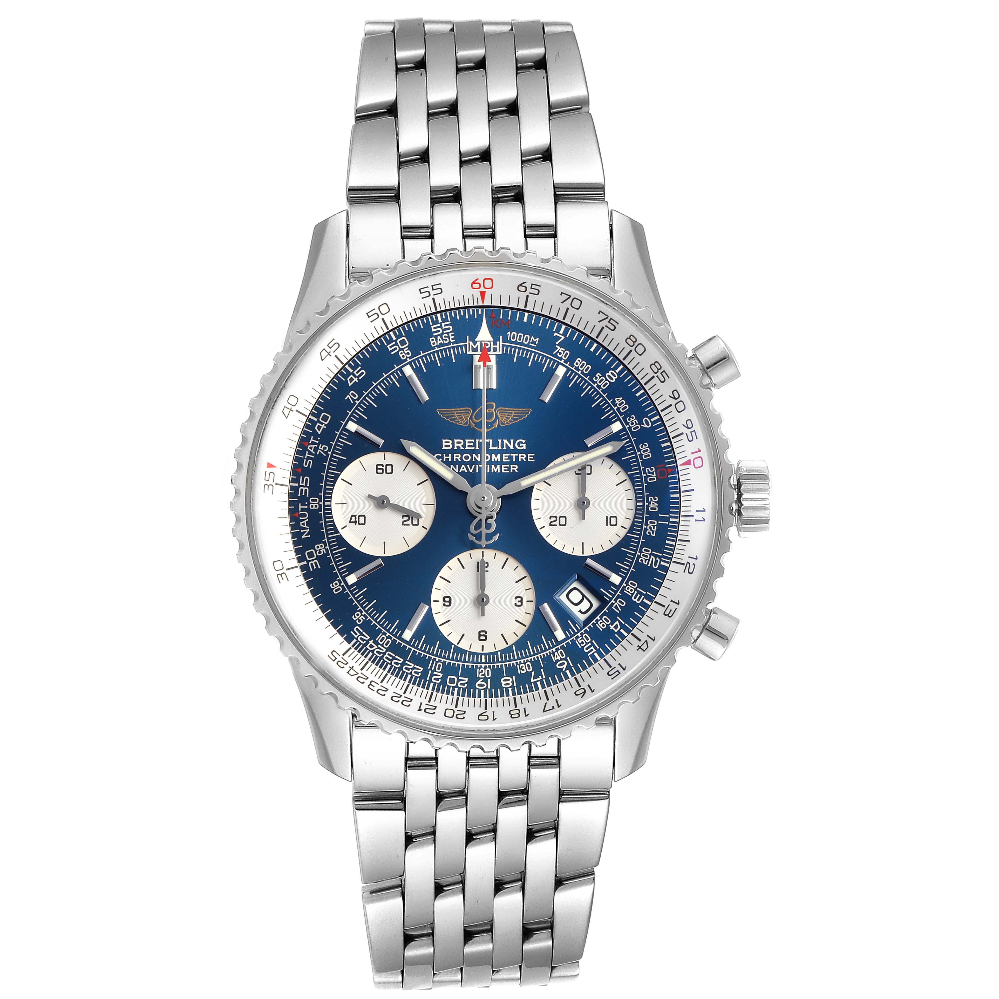 The image shows a front angle view of the Breitling A23322 Men's Stainless Steel Blue Dial A23322 Men's Stainless Steel Blue Dial Navitimer 42mm Blue Dial Chronograph Steel Mens Watch, model A23322.