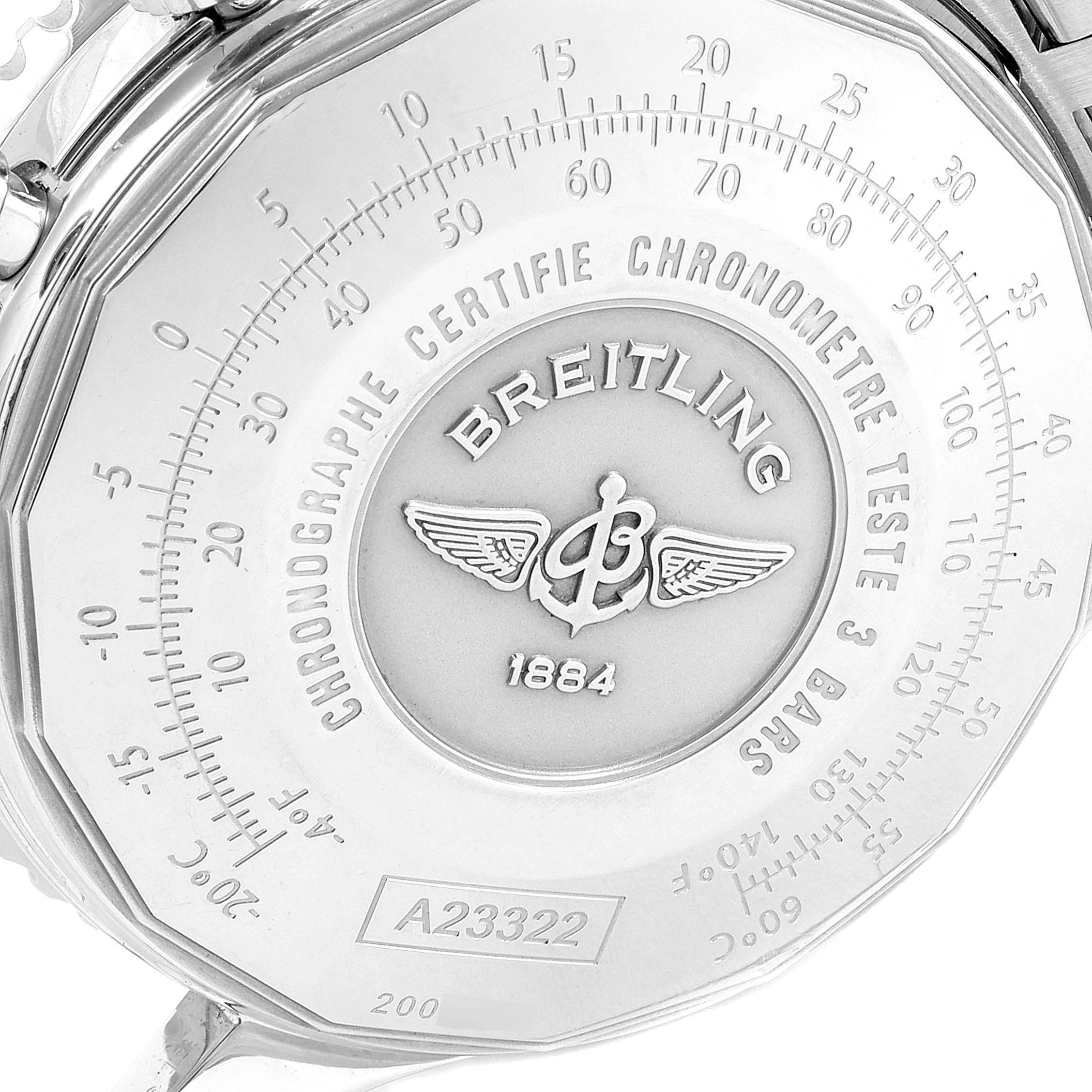 This image shows the back case of the Breitling A23322 Men's Stainless Steel Blue Dial A23322 Men's Stainless Steel Blue Dial Navitimer 42mm Blue Dial Chronograph Steel Mens Watch A23322 model, displaying various inscriptions and the Breitling A23322 Men's Stainless Steel Blue Dial A23322 Men's Stainless Steel Blue Dial logo.